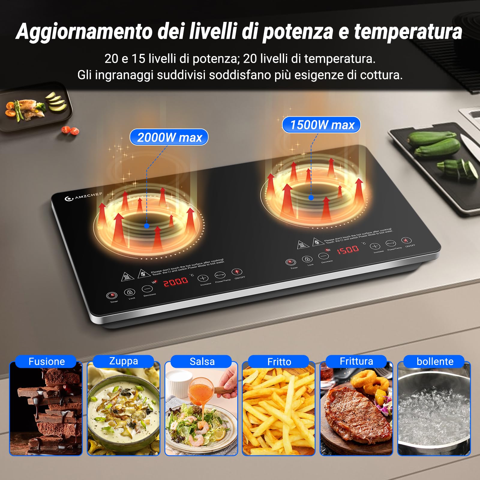 AMZCHEF Piastra Induzione 2 Fuochi Con IGBT Importato, 20 Livelli di Temperatura, 20 e 15 Livelli di Potenza, 3500W Piano Cottura Con Timer di 4 Ore, Blocco di Sicurezza