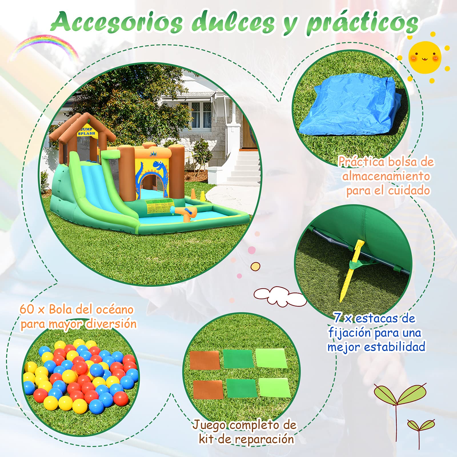 COSTWAY Parque Acuático Inflable con Tobogán, Tobogán Inflable en Tejido Oxford con Piscina Pared para Escalar Hidrante de Agua Casita Piscina con Pelotas, con Compresor
