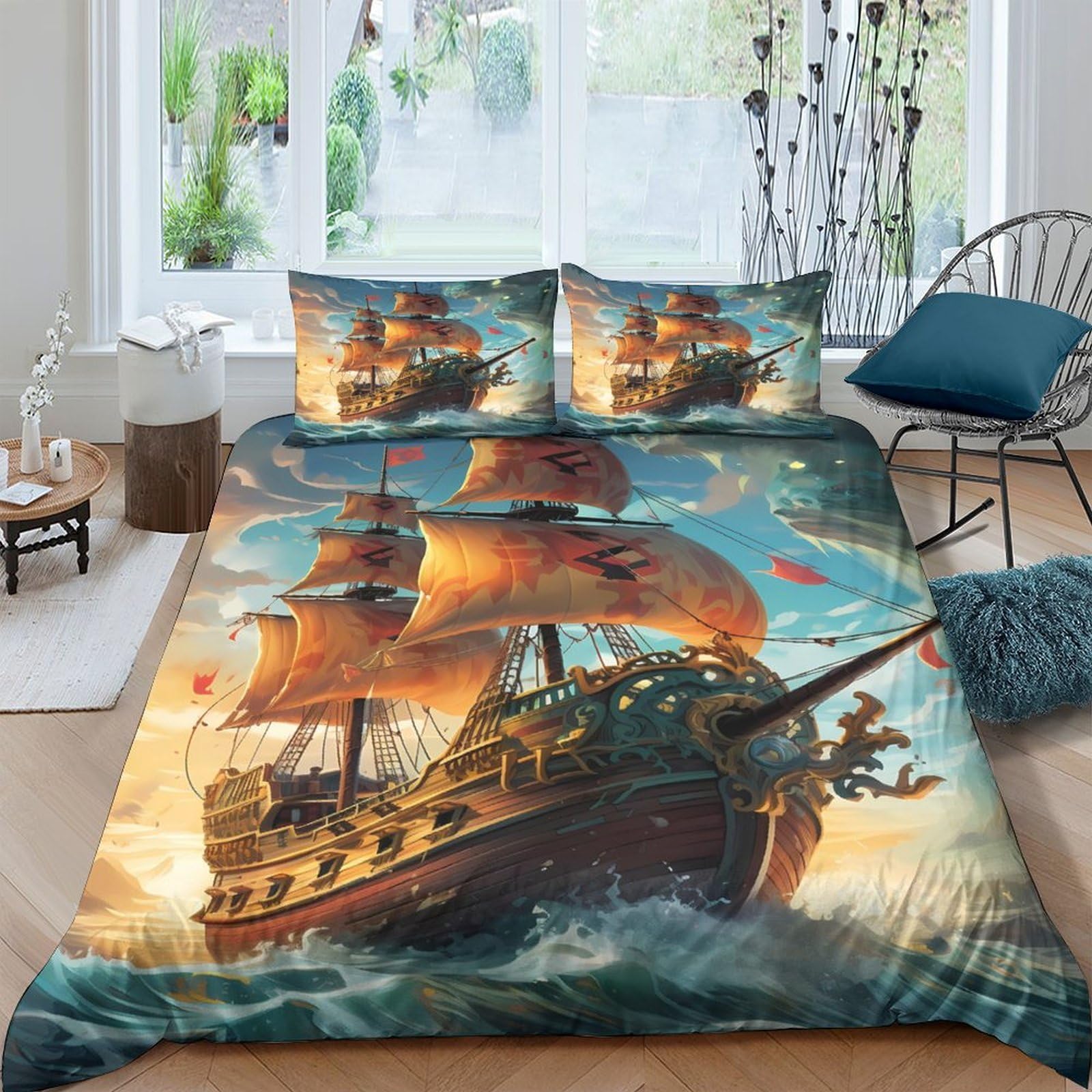 Ctjqhvkz Style-2 3D Printed Pirate Ship Fitted Sheet Microfiber Soft Decorative Ocean Adventure Bed Cover For Bedroom Guest Room Single（135X200cm）