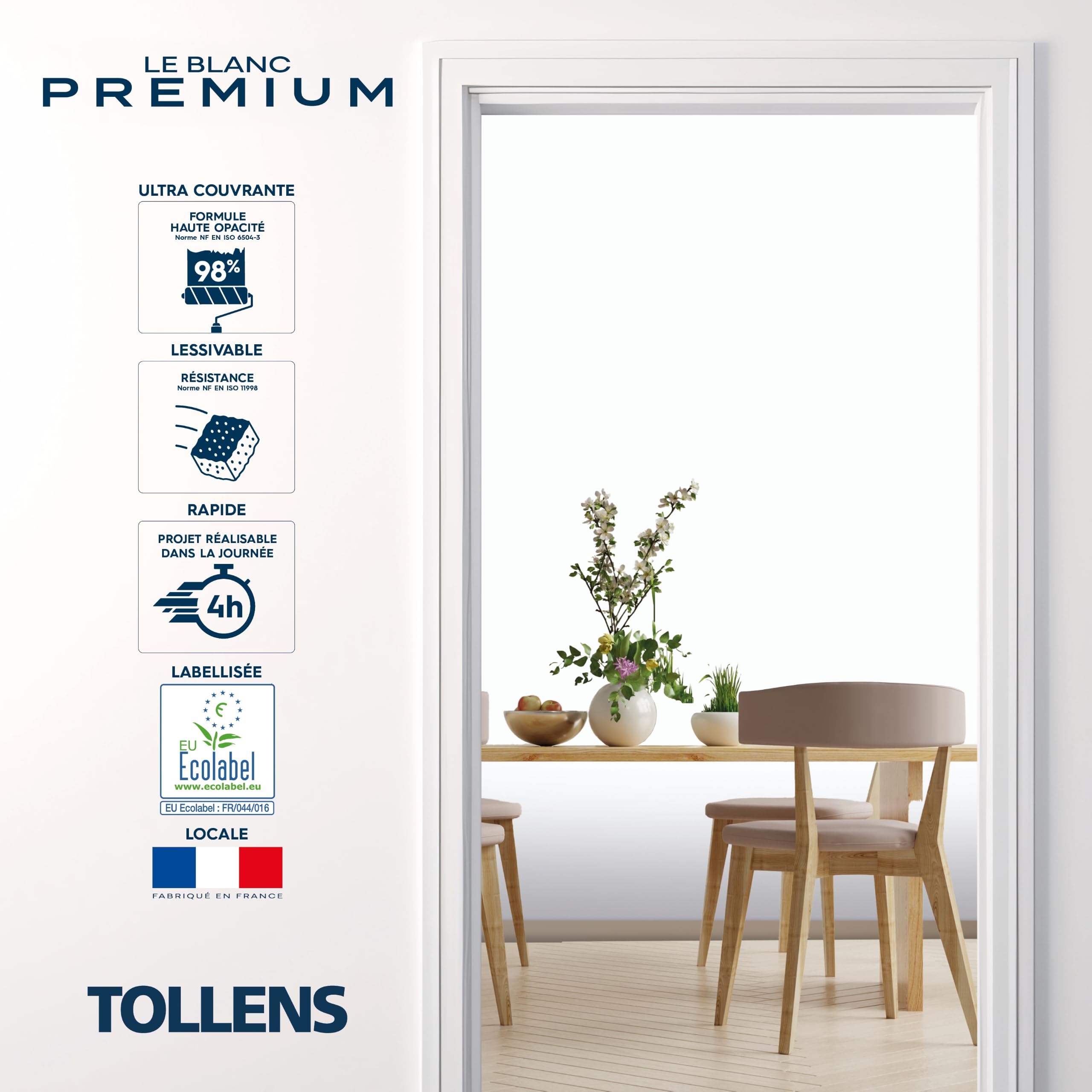 Tollens - Peinture Blanche - Murs, Plafonds & Boiseries - Blanc Premium - Pièces Sèches et Humide - Ultra couvrante - Lessivable - Rapide - Ecolabel - Velours - BLANC - 10L = 120m²