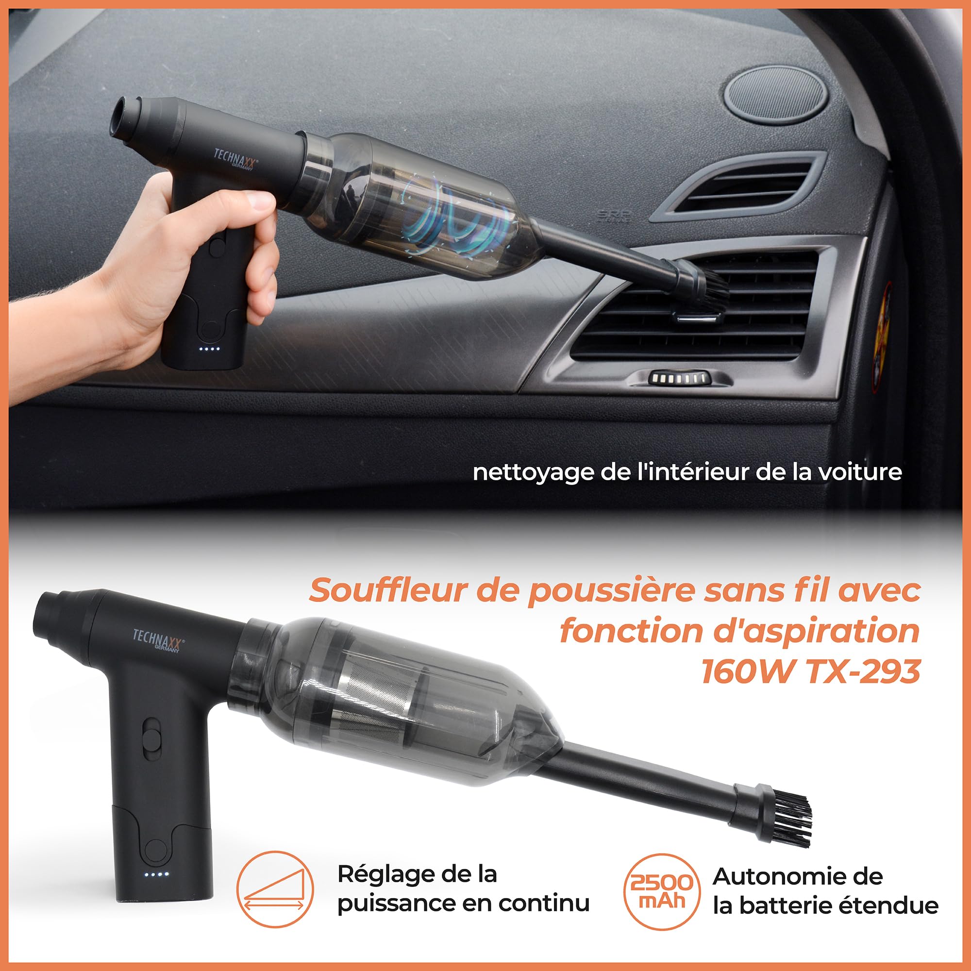 Aspirateur à main sans fil Technaxx avec dépoussiéreur à air, dépoussiéreur électrique rechargeable 160 W TX-293 – Contrôle de vitesse en continu, 5 buses polyvalents – Pour les voitures, les claviers