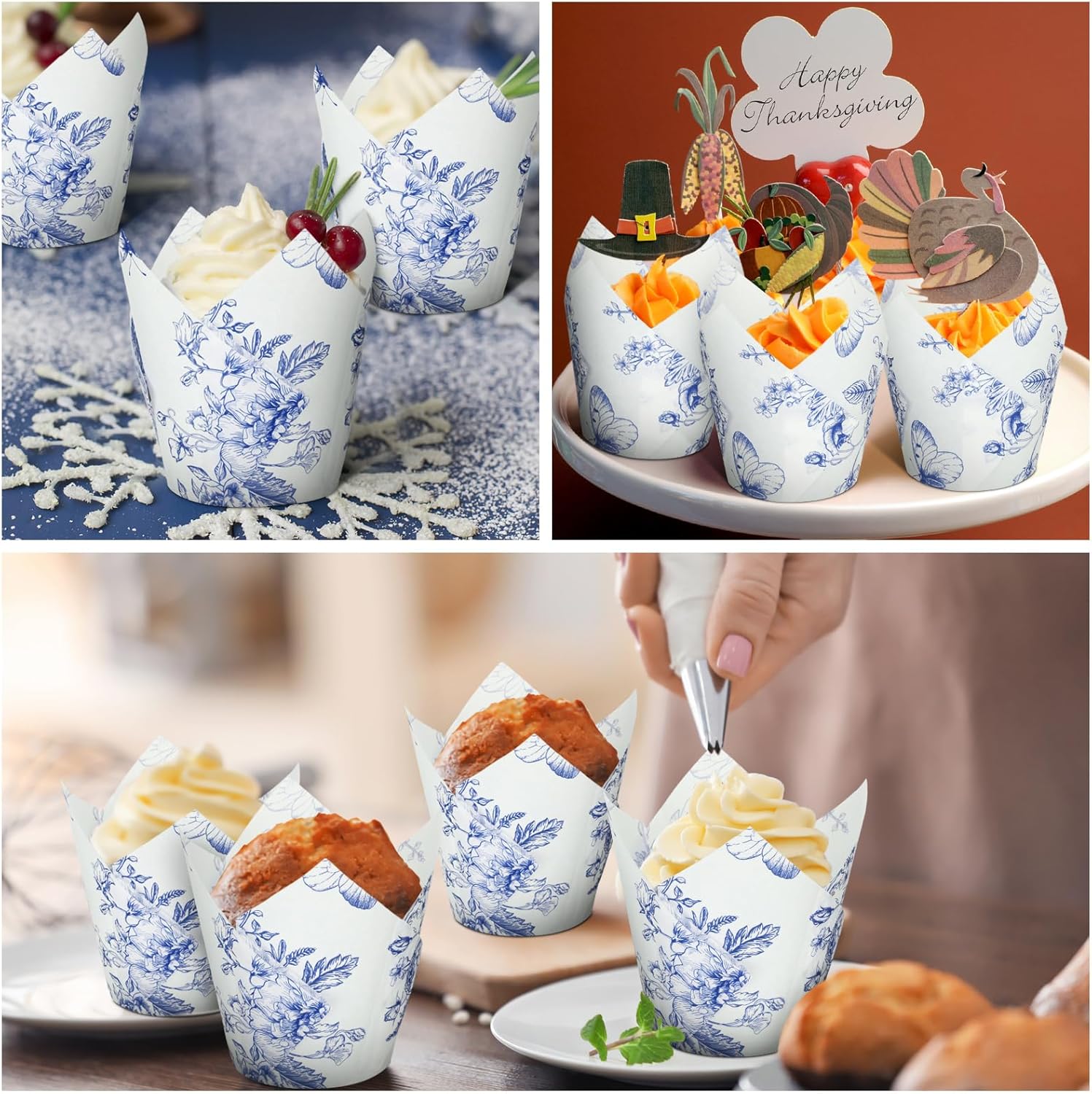 200 Pcs Blue Floral Cupcake Wrappers Chinoiserie Blue White Flower Cupcake Liners Mini Baking Cups Wrappers Muffin Liners for Wedding Bridal Baby Shower Birthday Tea Party Dessert Decoration - Image 6