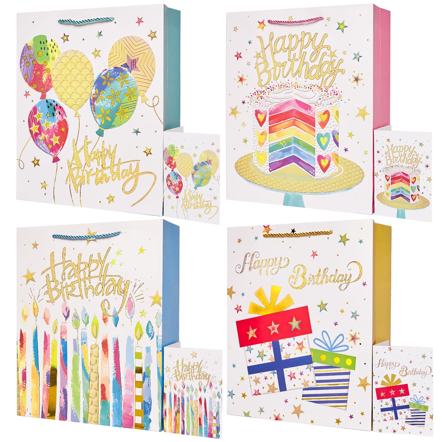 12.6‘’ Birthday Gift Bags with Gift Cards, 4Pcs Large Paper Bags with Handles for Gilr Boy Men Women's Birthday Party Supplies (White)