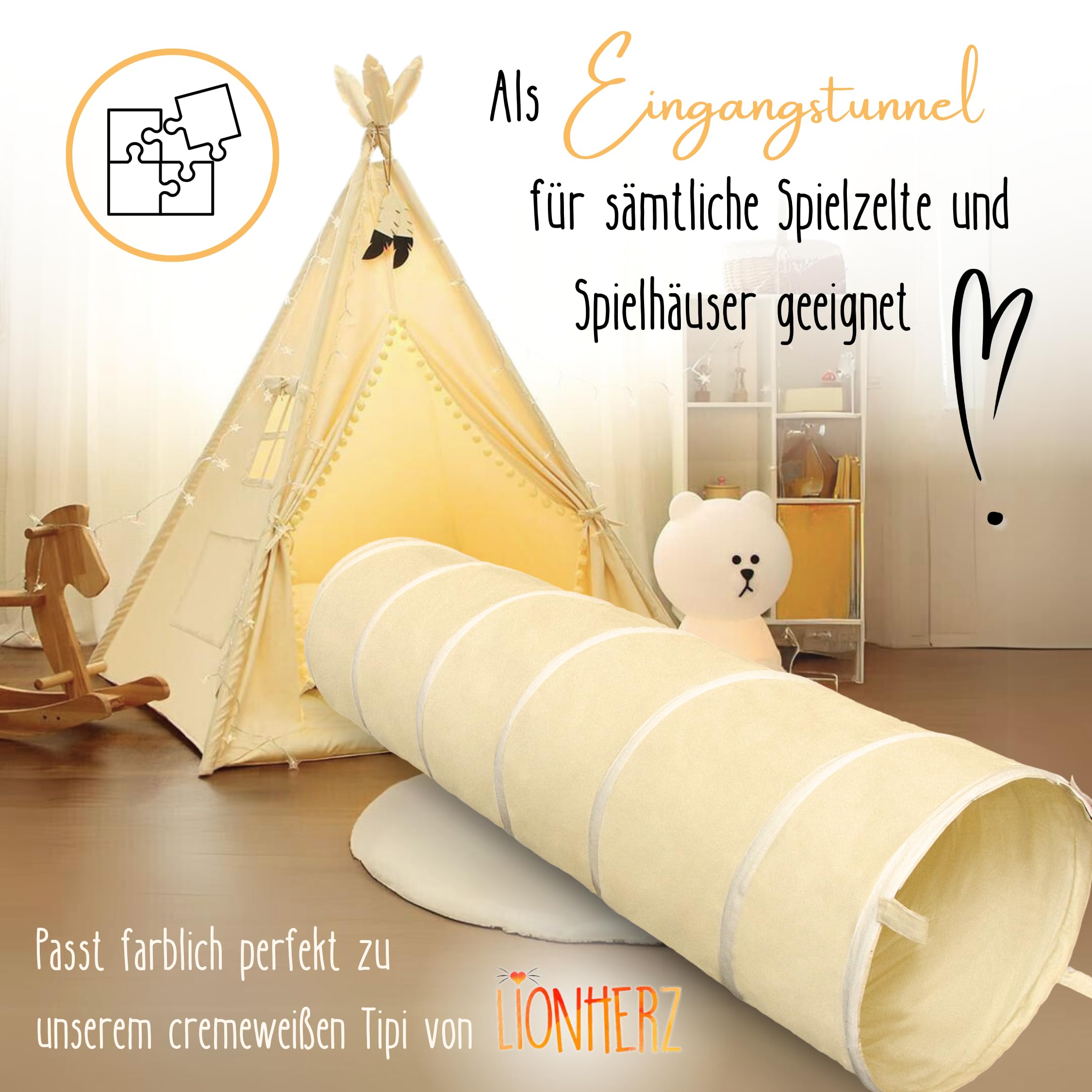 LIONHERZ® Spieltunnel für Kinder aus 100% Baumwolle mit Klettverschlüssen | Krabbeltunnel für Baby [180cm x 46cm] Faltbarer Pop-up Kriechtunnel | Krabbelrolle passend zu unserem Tipi (Cremeweiß)