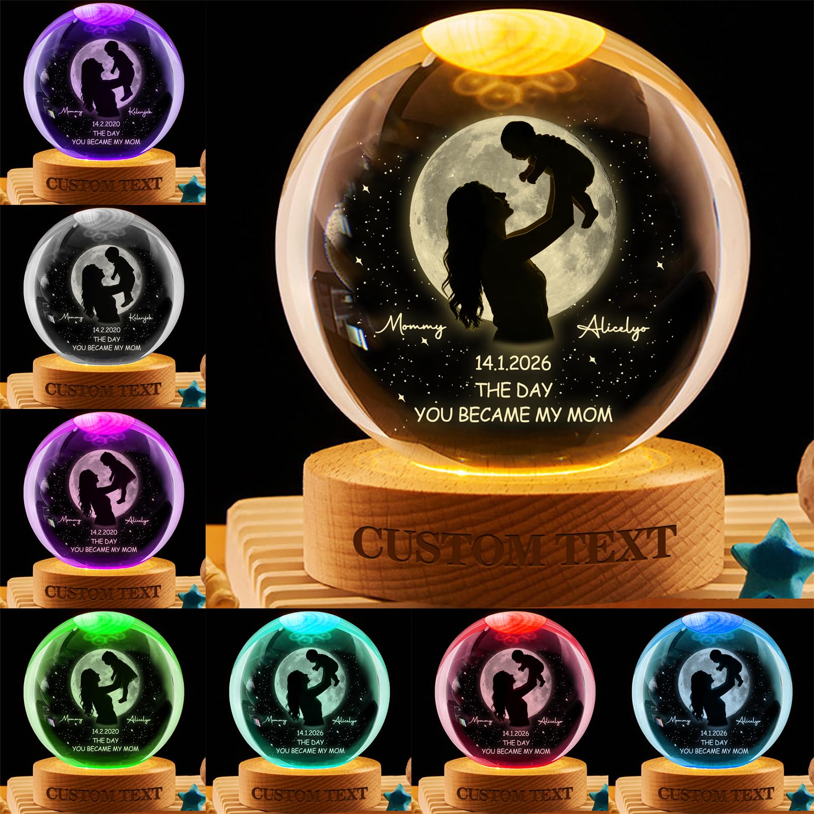 Wasetell Personalized Moon Phase Crystal Ball Lamp Custom Mom and Child Ball Night Light The Day We Became My Mom Crystal Lamp Memorial Home Decor Family Keepsake Gift Mothers Day Birthday Decor,01