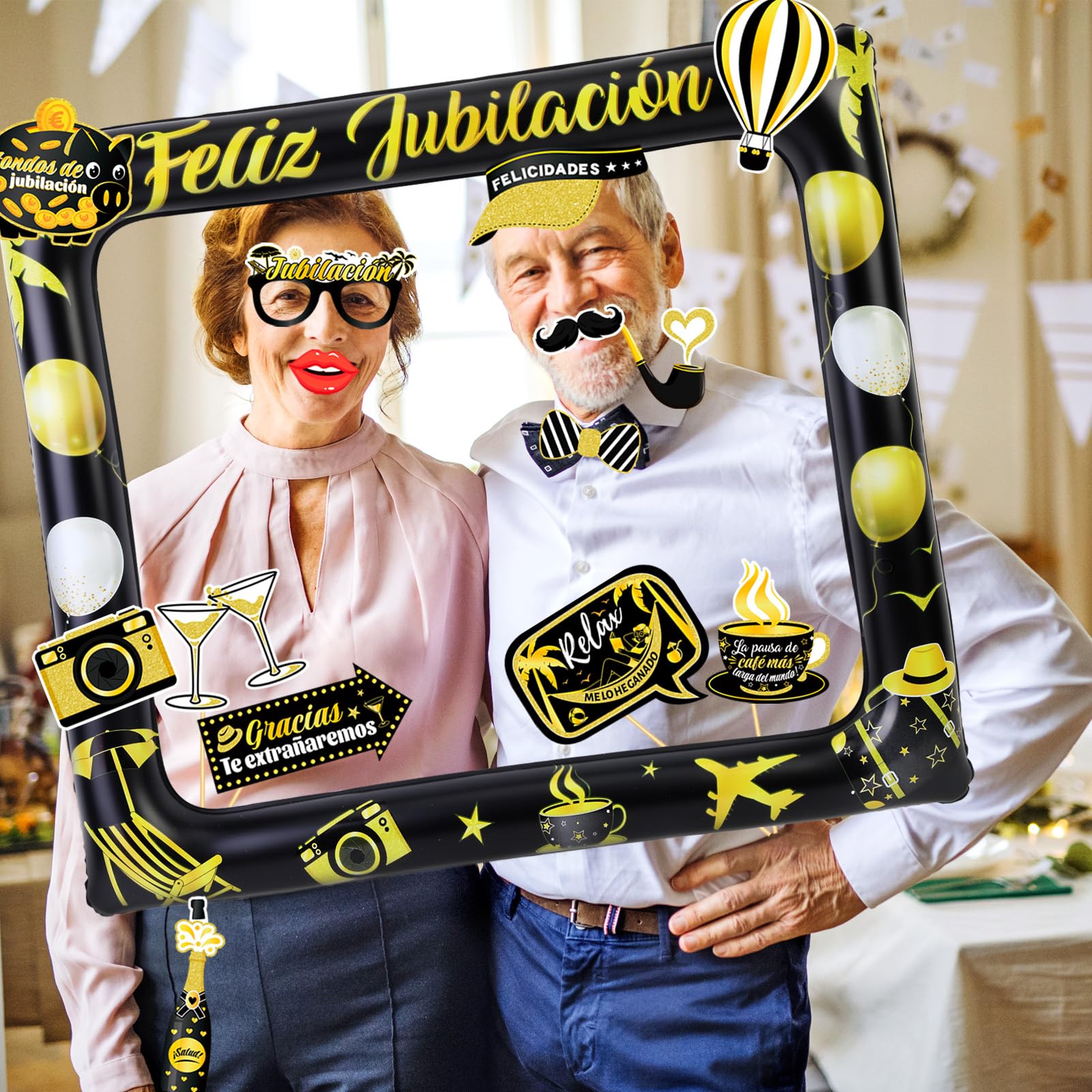 Puntelli per la Cabina Fotografica della Festa di Pensionamento, Puntelli in Oro Nero e Cornice Gonfiabile Gigante per la Festa