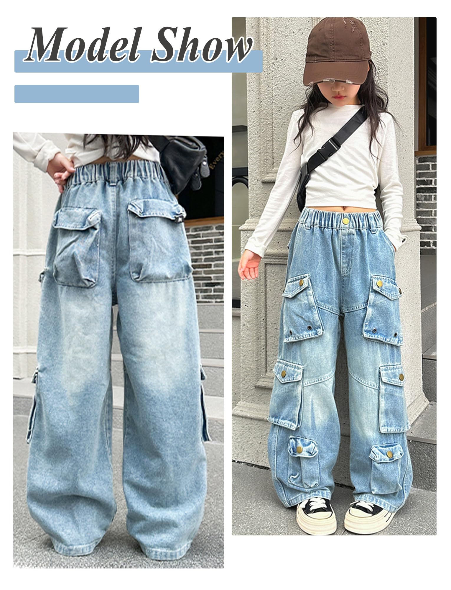 Maeau Jeans mit Weitem Bein für Mädchen, Denim Hose Gerade, Cargo Freizeithose mit elastischem Bund und Taschen, Größe 120-170