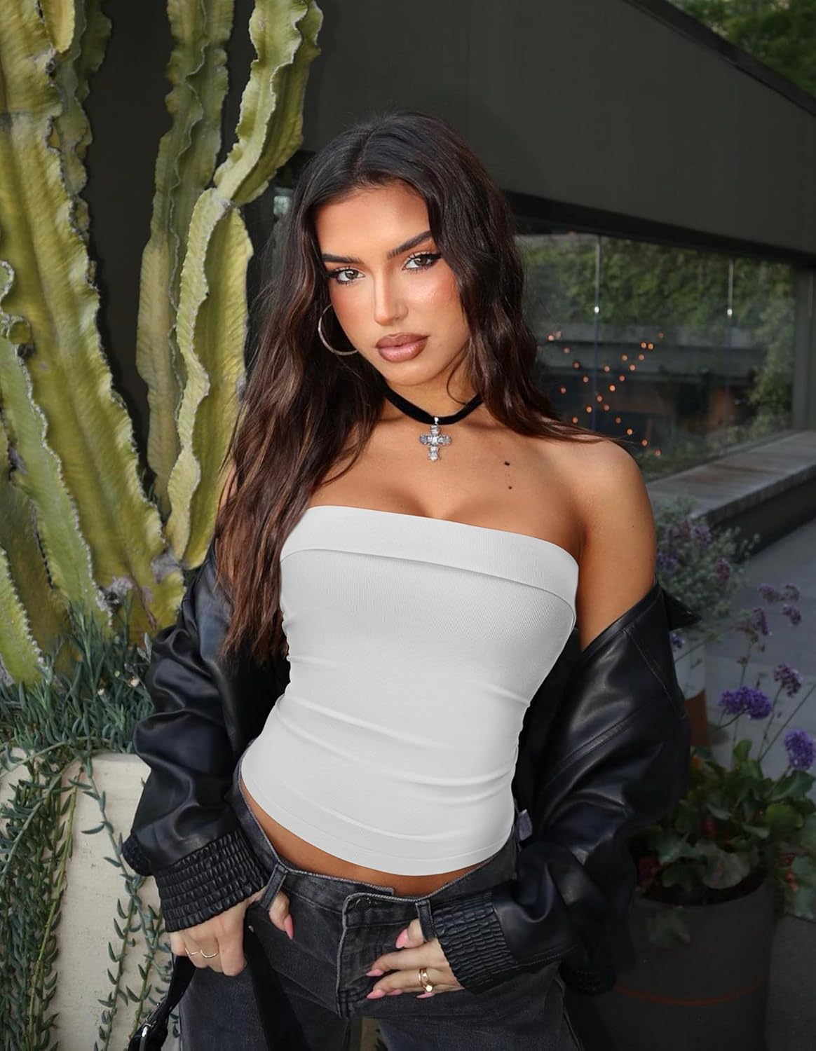 OLCHEE Womens 2PK Tube Tops Off Shoulder Seamless Ribbed Strapless Sleeveless Side Ruched Slim Fitted Summer Going Out Top - Image 5