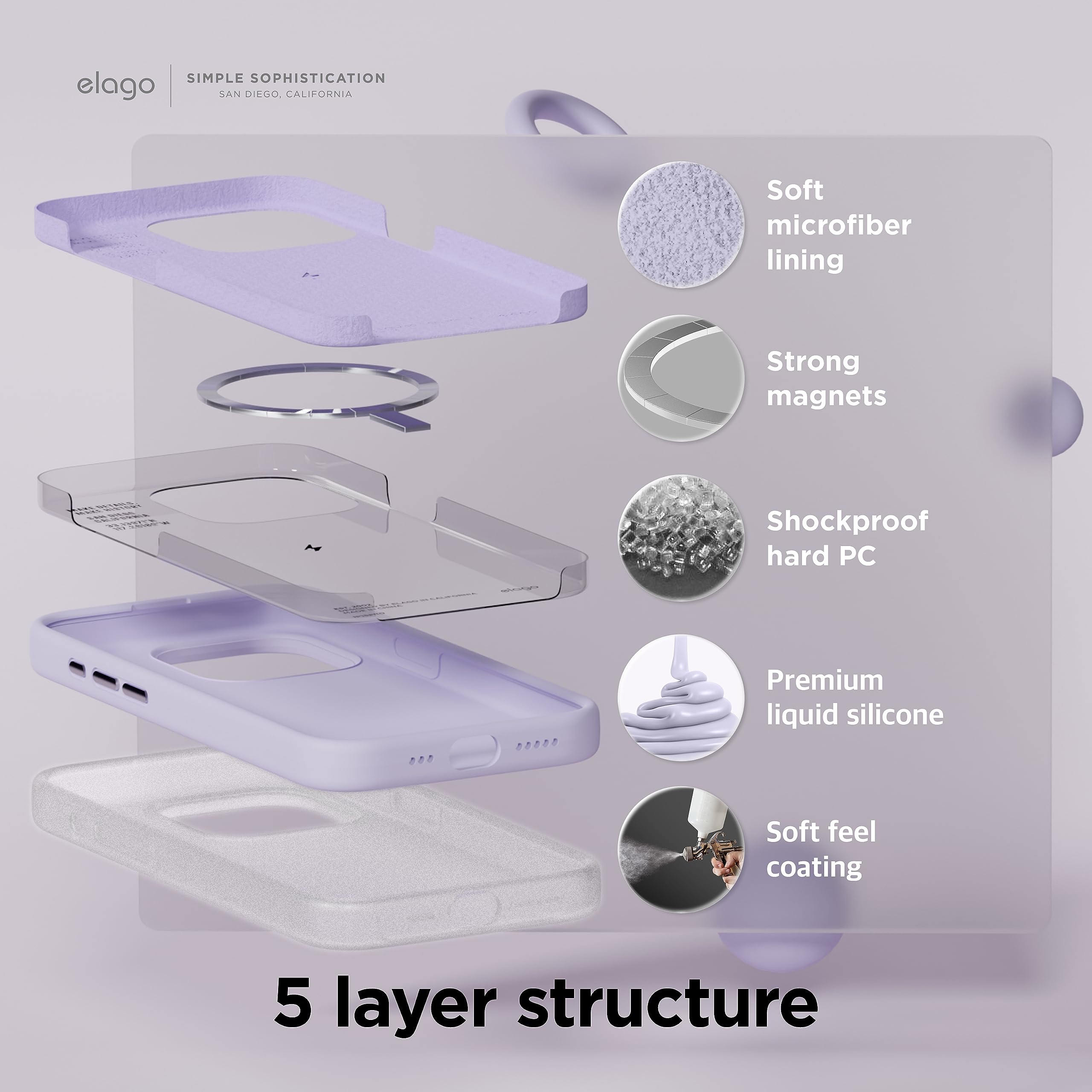 elago Cover Magnetica in Silicone Compatibile con iPhone 15 Pro Max Custodia, Compatibile con Accessori MagSafe, Magneti Integrati, Silicone Premium, Protezione Completa [Struttura a 5 Strati] (Viola)