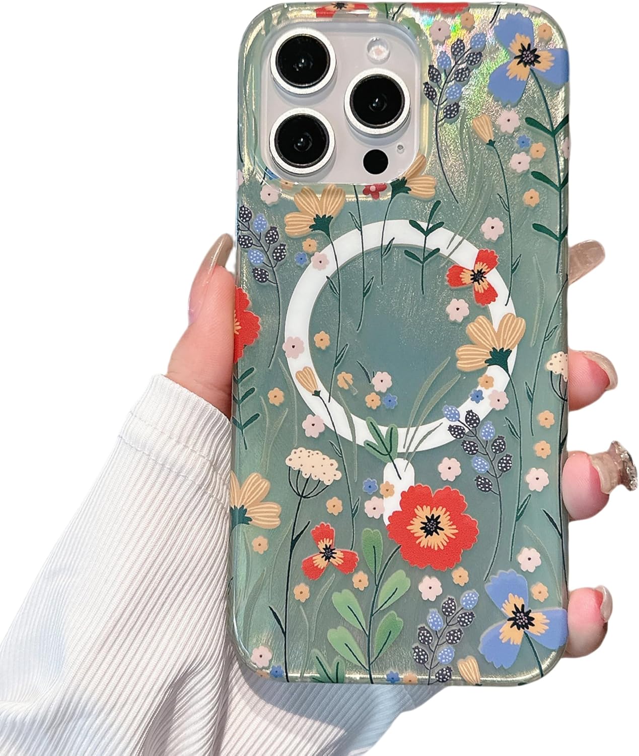 for iPhone 13 Pro Case Sparkling Spakle Beautiful Oil Paint Colorful Flower [Compatible with Magsafe] [Scratch Resistant FIM Technology] [Military Grade Drop Protection] Women's Luxury, Green