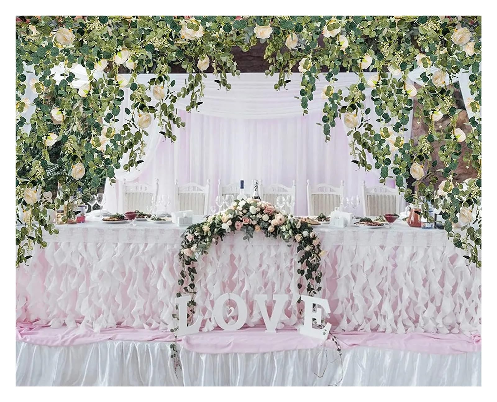 Künstliche Eukalyptus-Girlande mit weißen Rosen, Pfingstrosen, Eukalyptussträngen for Hochzeit, Geburtstag, Party, Haus, Garten, Dekoration(1pc White Rose)