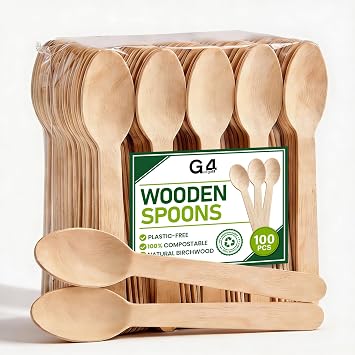 G4GADGET 100x Wooden Spoons - Disposable Spoon Biodegradable Birch Wood Utensils for Parties, Picnics, Weddings, BBQs, and Events