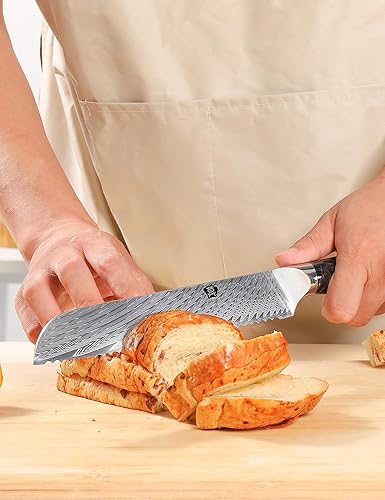 Miniatura 7 de WILDMOK Cuchillo de pan de acero dentado de Damasco, cuchillo de pan dentado de 8 pulgadas, mango ergonómico de resina de espiga completa, afilado y