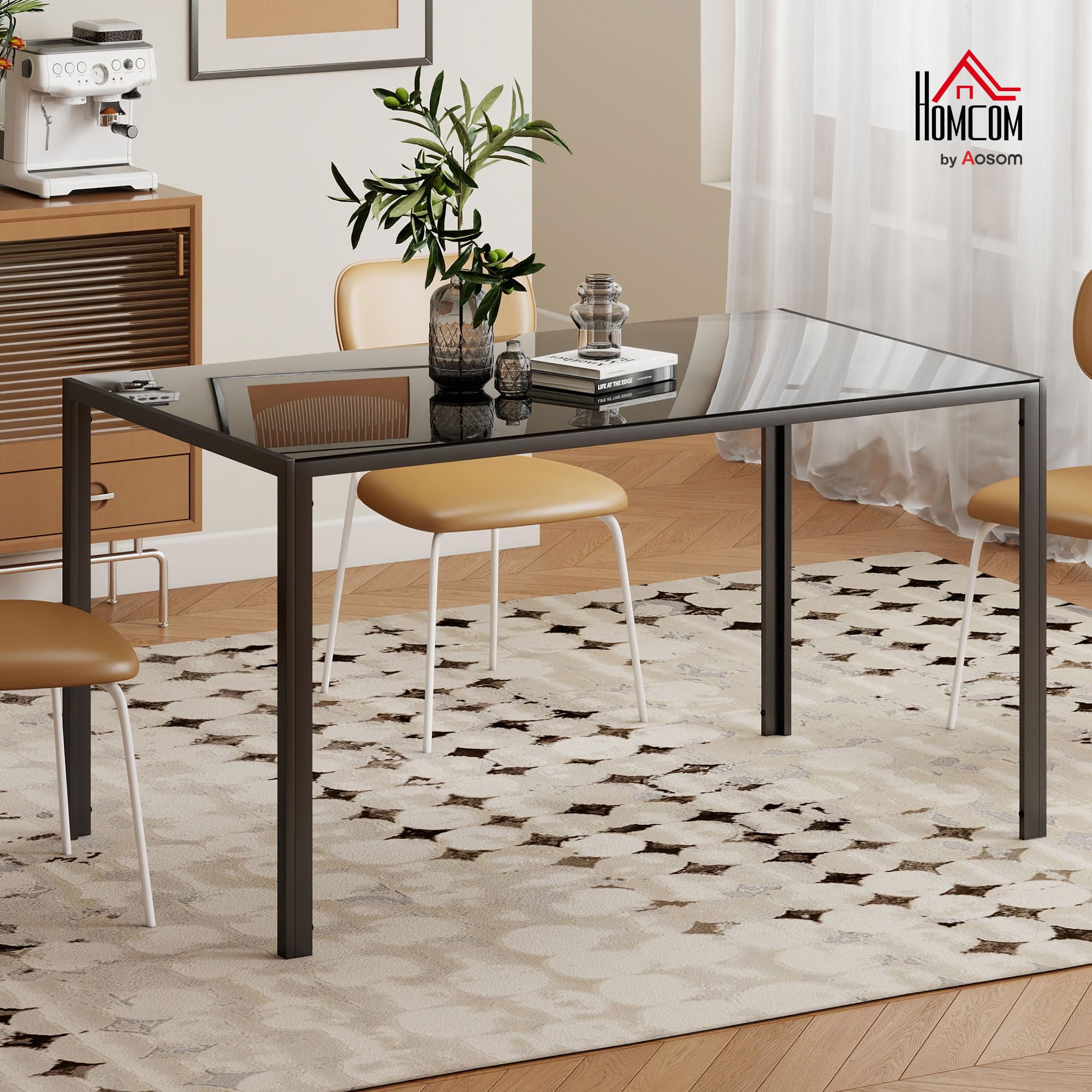 HOMCOM Tavolo da pranzo in vetro, tavolo rettangolare per 6 persone con gambe in metallo, per cucina, soggiorno, 140 x 80 x 75 cm, nero