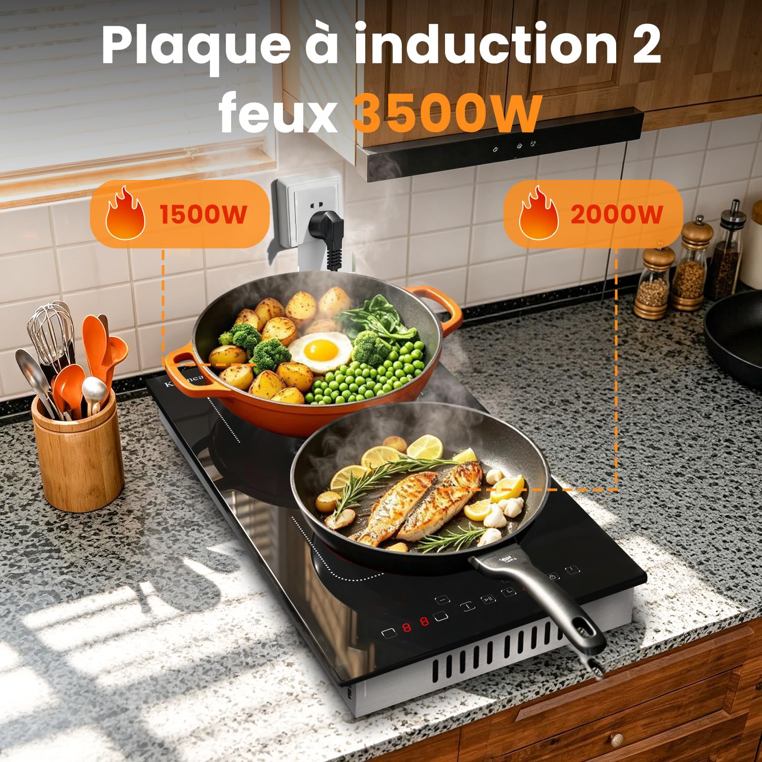 Karinear Plaque à Induction 2 Feux avec Prise, Table de Cuisson Induction Encastrable 30CM avec Zone Flexible, Commande Tactile, Minuteur, Fonction Pause, Verrouillage de Sécurité, 3500W, 220V