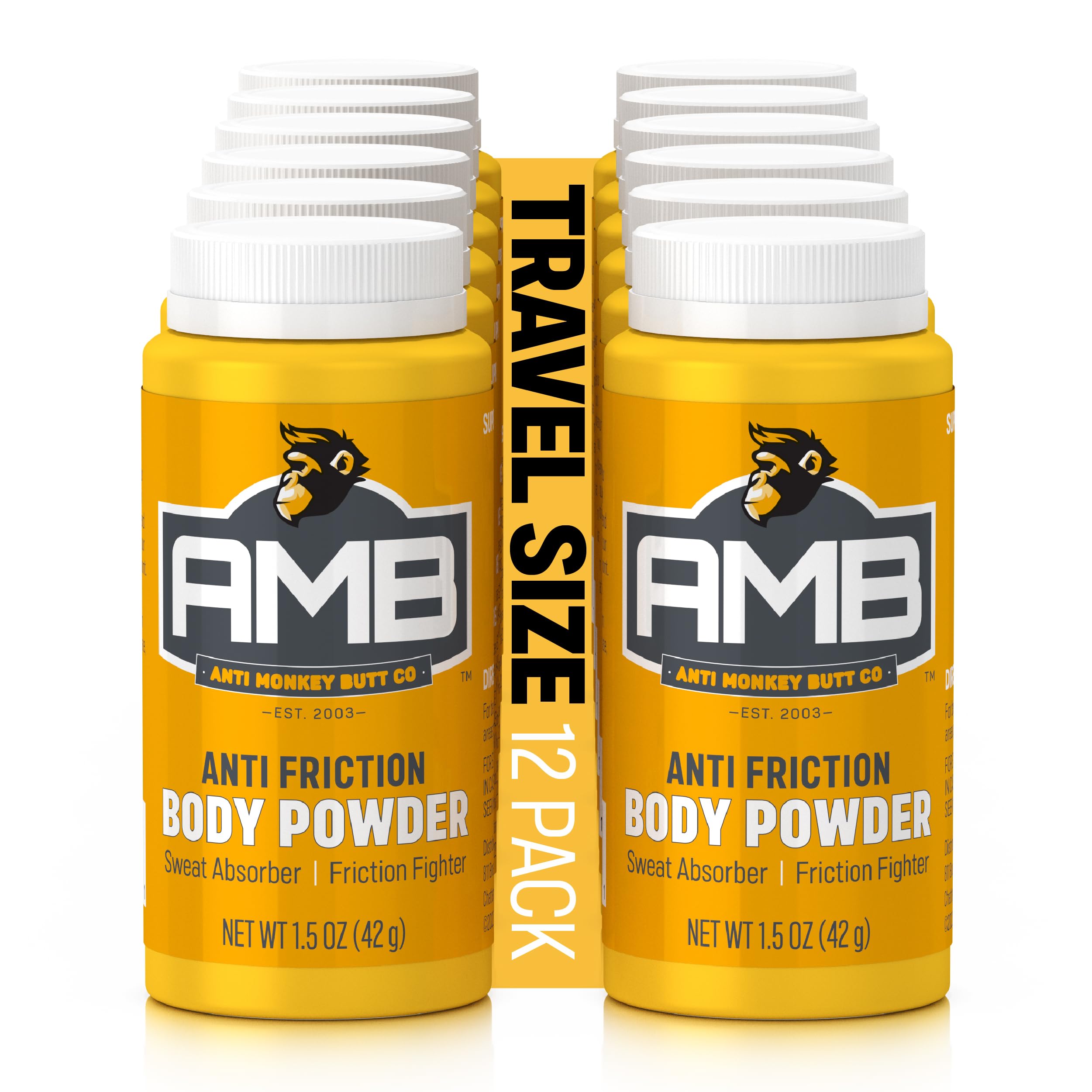 Anti Monkey Butt Travel-Size Body Powder with Calamine – Talc-Free Sweat, Odor & Friction Relief – Chafing Protection for Active Lifestyles, (1.5 oz, Pack of 12)