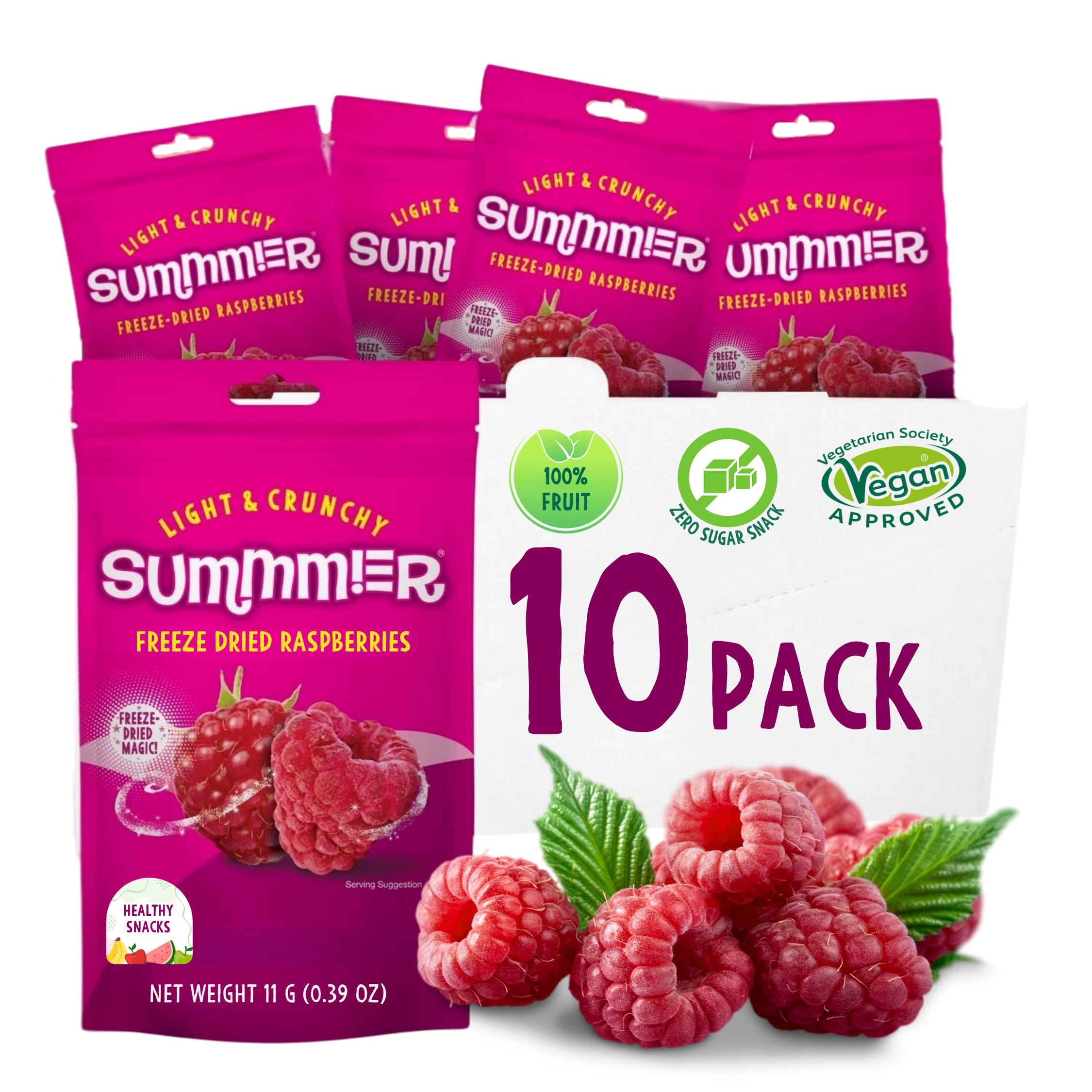 Summmer Freeze Dried Raspberries - 10 Packs - No Added Sugar Package - 8.8 Oz 100% Natural Candy, Fruit Snack for Kids & Adults