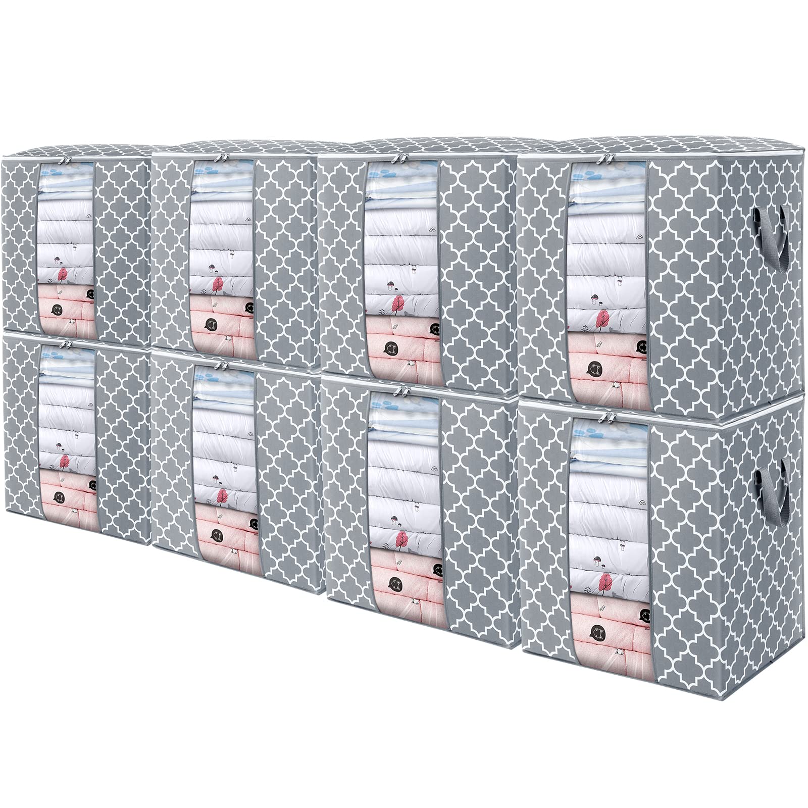 WISELIFE Storage Bags 8 Pack/100L Large Blanket Clothes Organization and Storage Containers for Comforters,Bedding, Foldable Organizer with Reinforced Handle, Clear Window, Sturdy Zippers,Light Gray