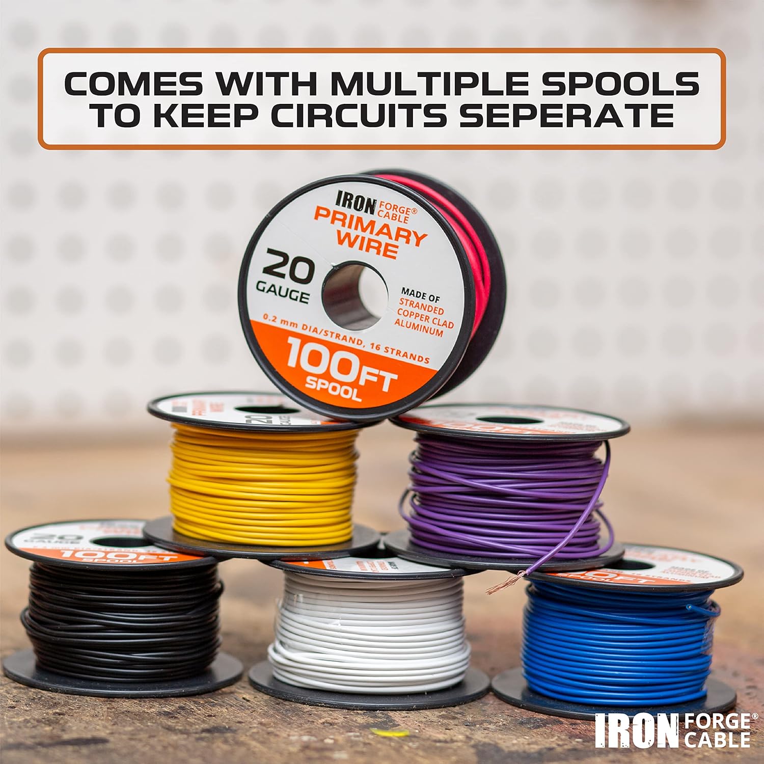 Iron Forge Cable 20 Gauge Primary Automotive Wire - 6 Roll Assortment Pack - 100 Ft of Copper Clad Aluminum Wire per Roll - for Home or Automotive