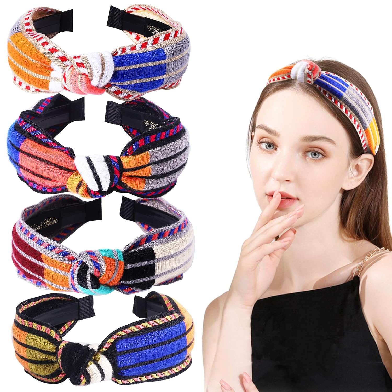 Knotted Boho Headbands for Women Girls, Embroidery Top Knot Wide Head Bands Cute