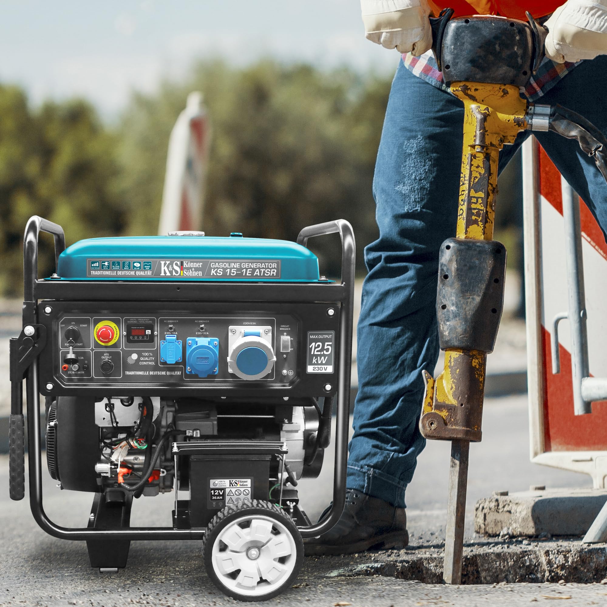 Könner & Söhnen KS 15-1E ATSR - Generatore di corrente 22 CV, motore a benzina a 2 cilindri a 4 tempi, in rame, avviamento elettrico, regolatore di tensione, display LED, 12500 Watt