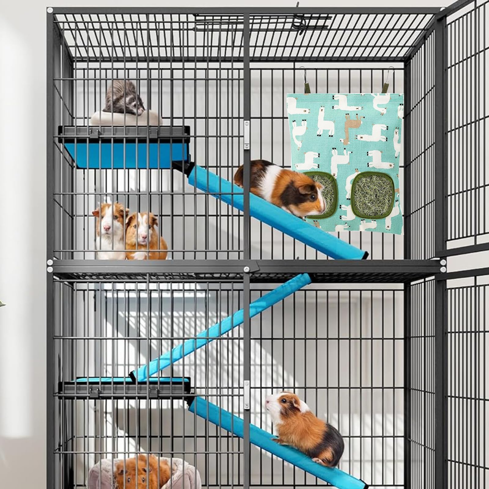 Sac à Foin Lapin Ratelier Suspendu Coton Lin 35.5x24.5 cm avec 2 Trous pour Cochon d'Inde Chinchilla Hamster
