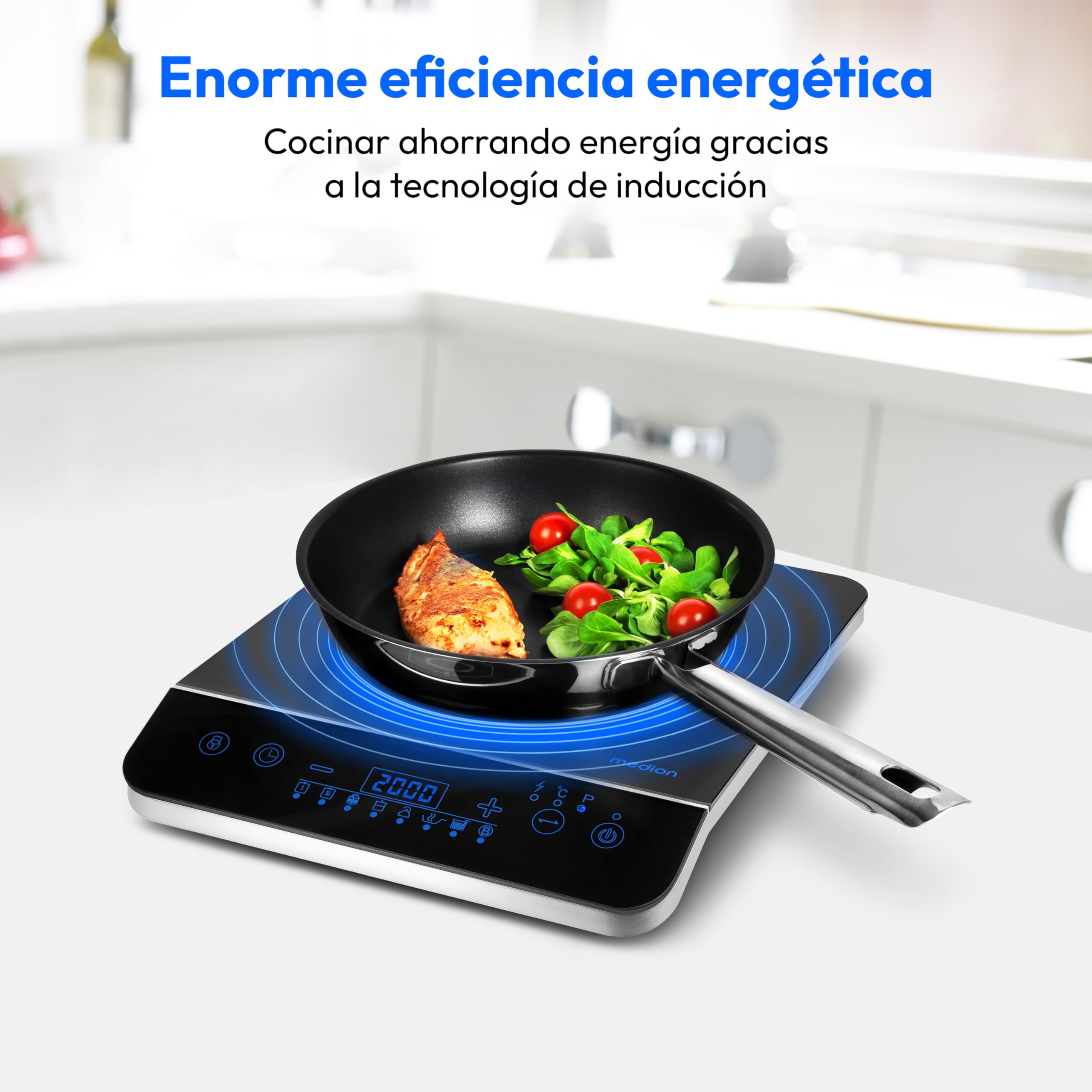 MEDION Piano cottura a induzione / 2000 watt/intervallo di temperatura 60-240°C / 8 programmi automatici / 10 livelli di potenza/display LED/MD 17595 / nero