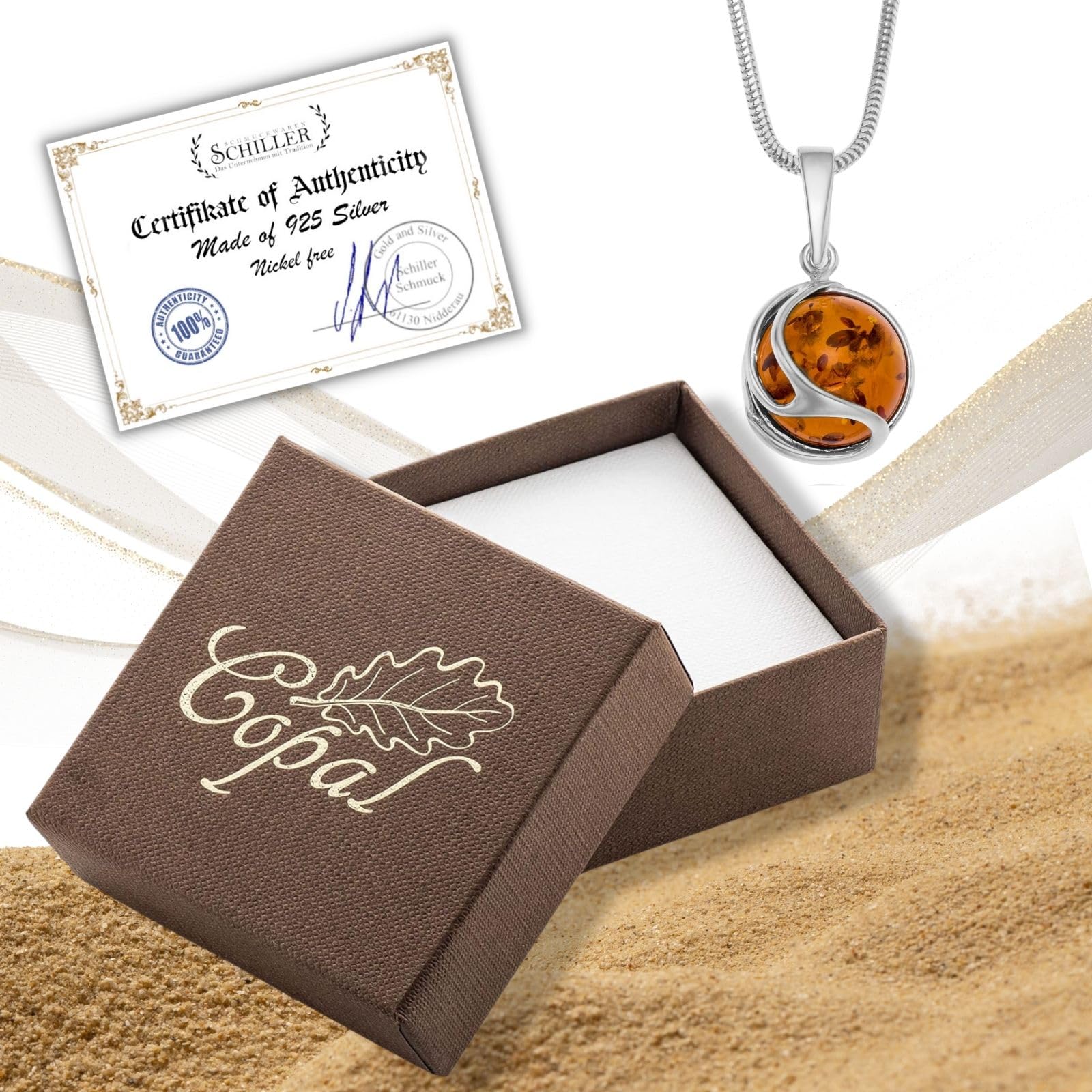 Collana Con Pendente In Ambra E Argento Sterling Confezione Sostenibile