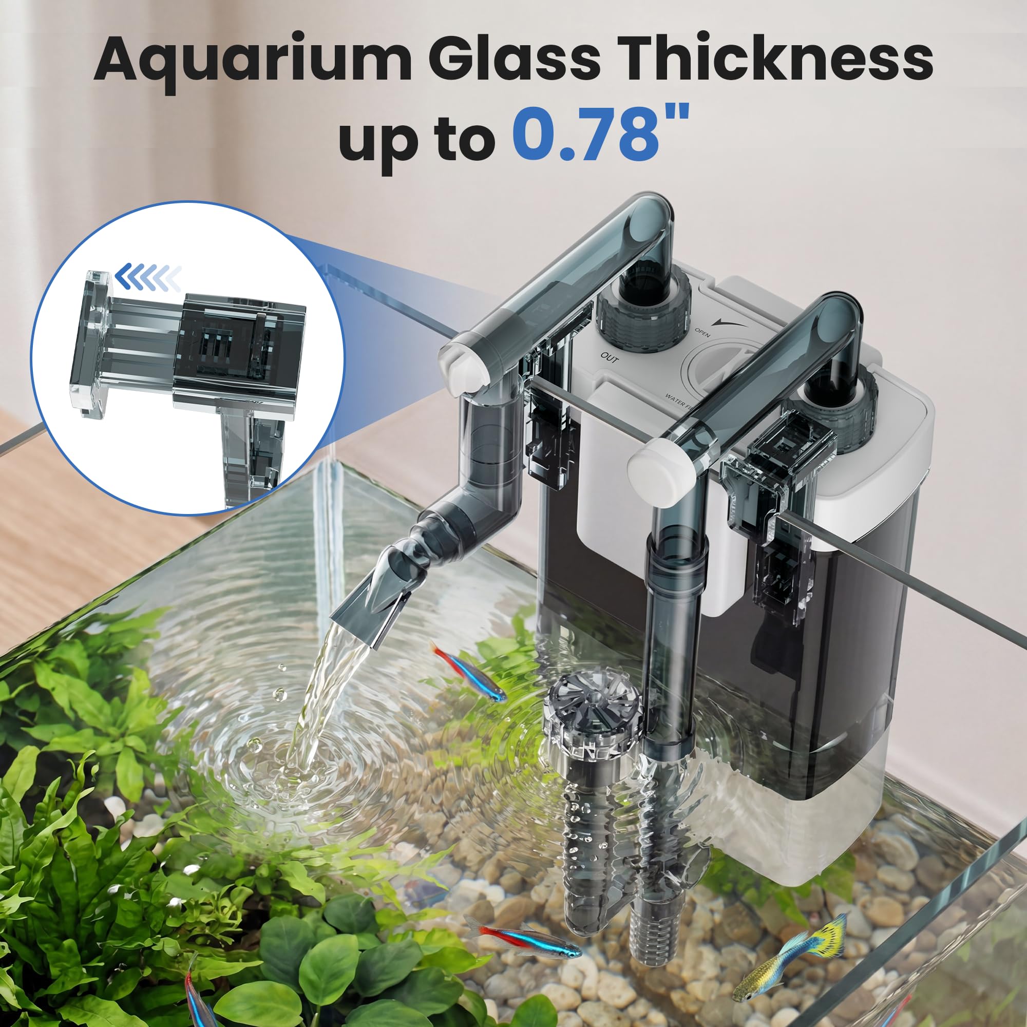 Filtro de acuario para tanques de 10 a 20 galones, filtro ultra silencioso de 132 GPH con skimmer de superficie, sistema antiobstrucción, filtración multicapa, filtro de pecera (7 W)