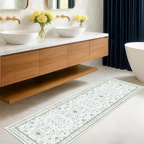 Miniatura 123 de Alfombra de Pasillo de Baño Lavable Oushak 2x5 - Floral Pastel Bohemio Ecléctico, Alfombra Pequeña Antideslizante de Pelo Bajo Resistente a Manchas