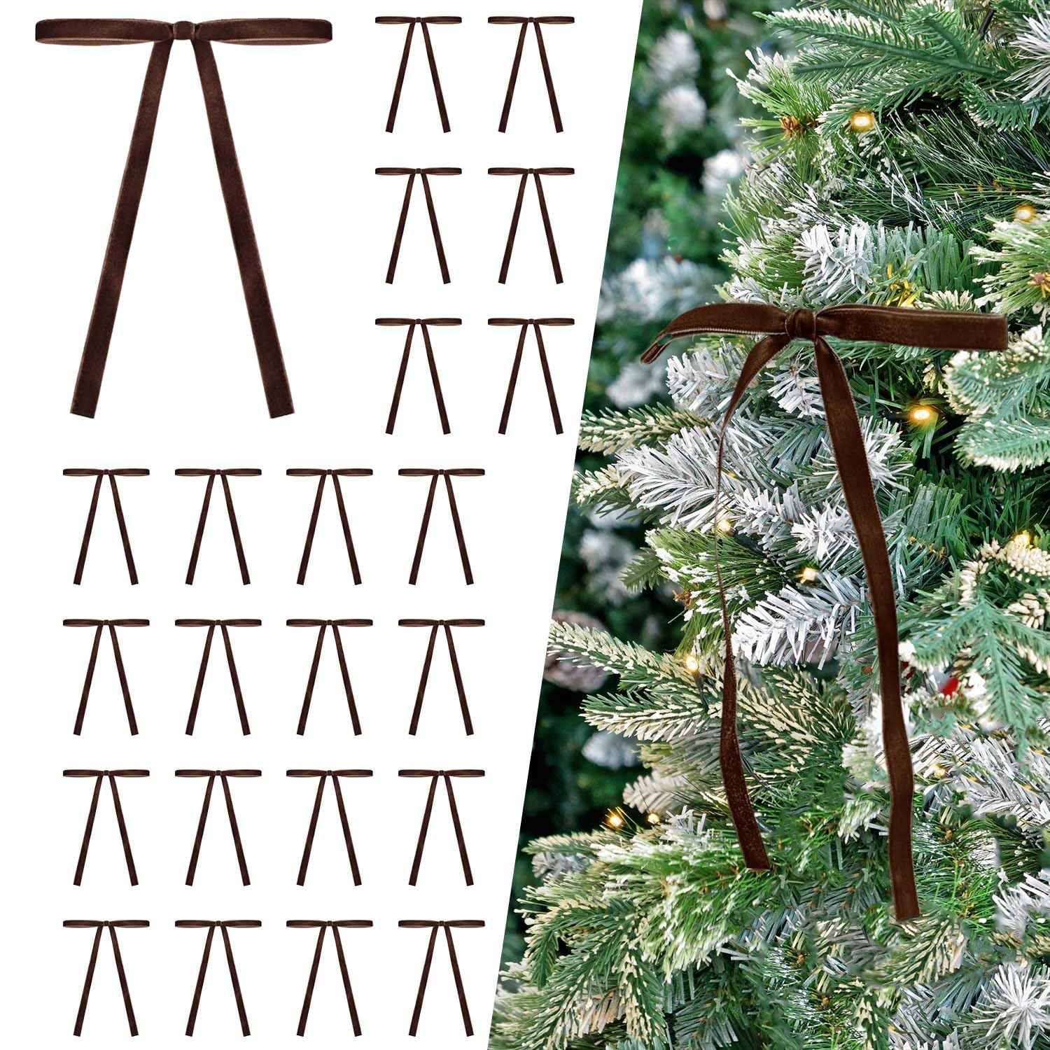 24 Pcs Deep Brown Velvet Bows Ornaments for Christmas Tree, Vintage Rustic Velvet Christmas Bows Tree Decorations, Indoor Home Decor for Wreath Mantle Gift Wrap Holiday Decor, 3/8'' W, 5 * 7 inch