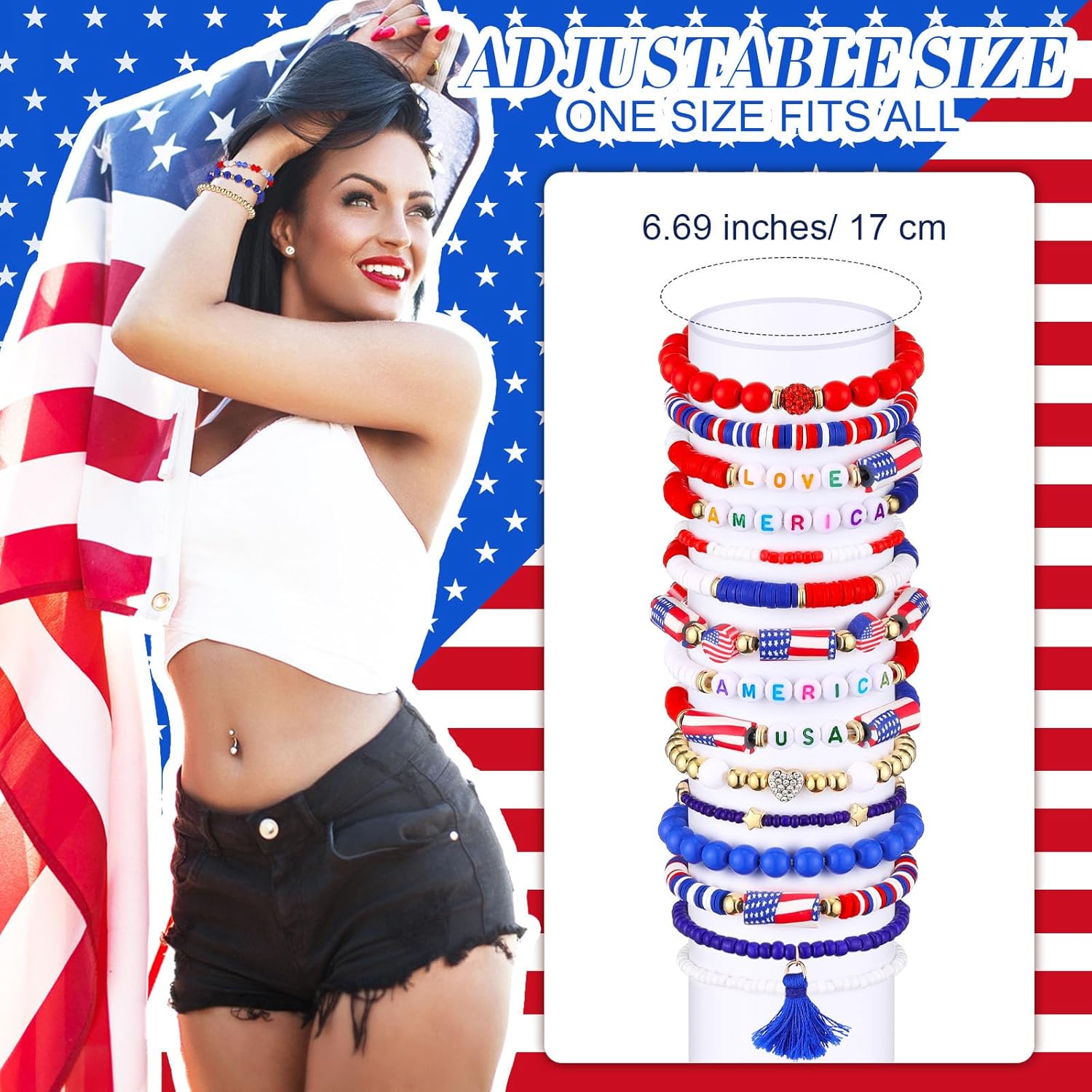 150 Pcs Independence Day Bead Stretch Bracelets, Stackable Patriotic Heishi Bracelets 4th of July Red White and Blue Bracelets for Women