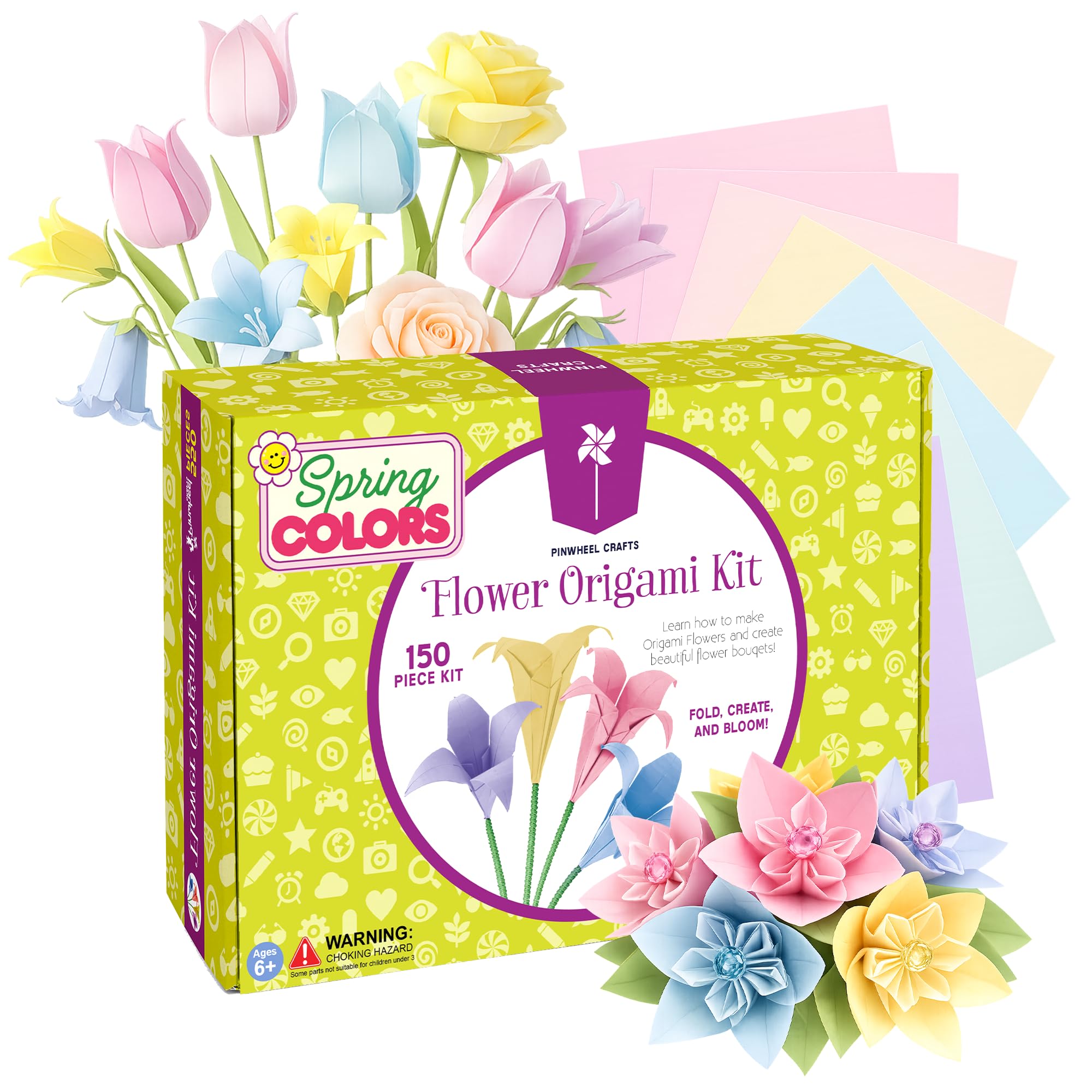 Pinwheel Crafts Flower Origami Kit for Kids Ages 8-12, 150 Pcs Spring Color