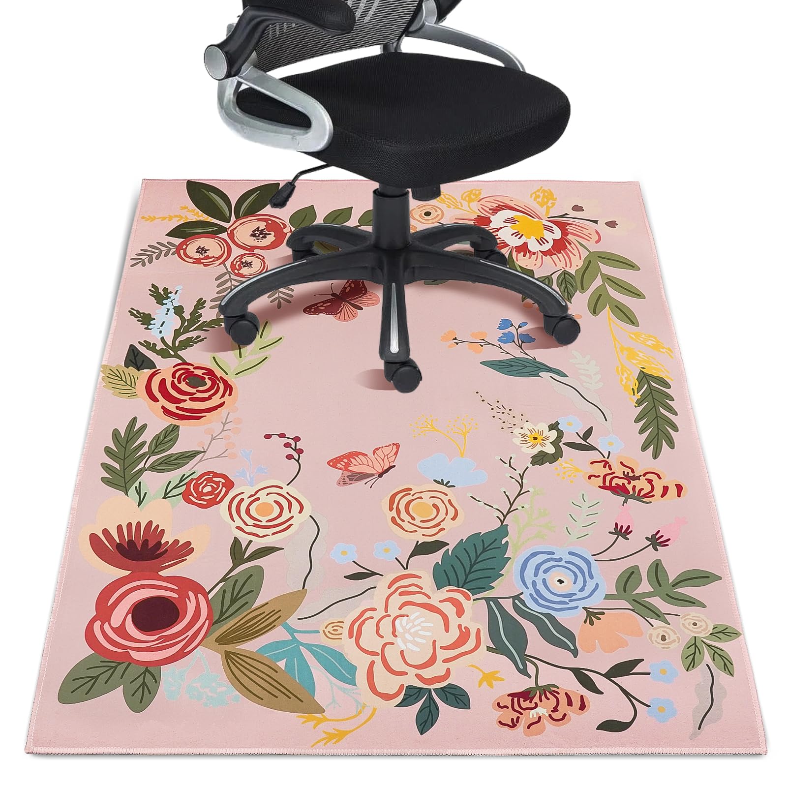 Office Chair Mat for Hardwood Floor 36"X 48" Office Rugs for Gaming Rolling Chairs Computer Desk Chair Non-Slip Butterfly Floral Protector Mats for