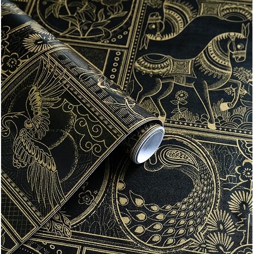 Erfoni 394"x17.7" Vintage Peel and Stick Wallpaper Black and Gold Contact Paper Peel and Stick Removable Animal Pattern Wall Paper DIY Waterproof Self Adhesive Wallpaper for Accent Wall Covering