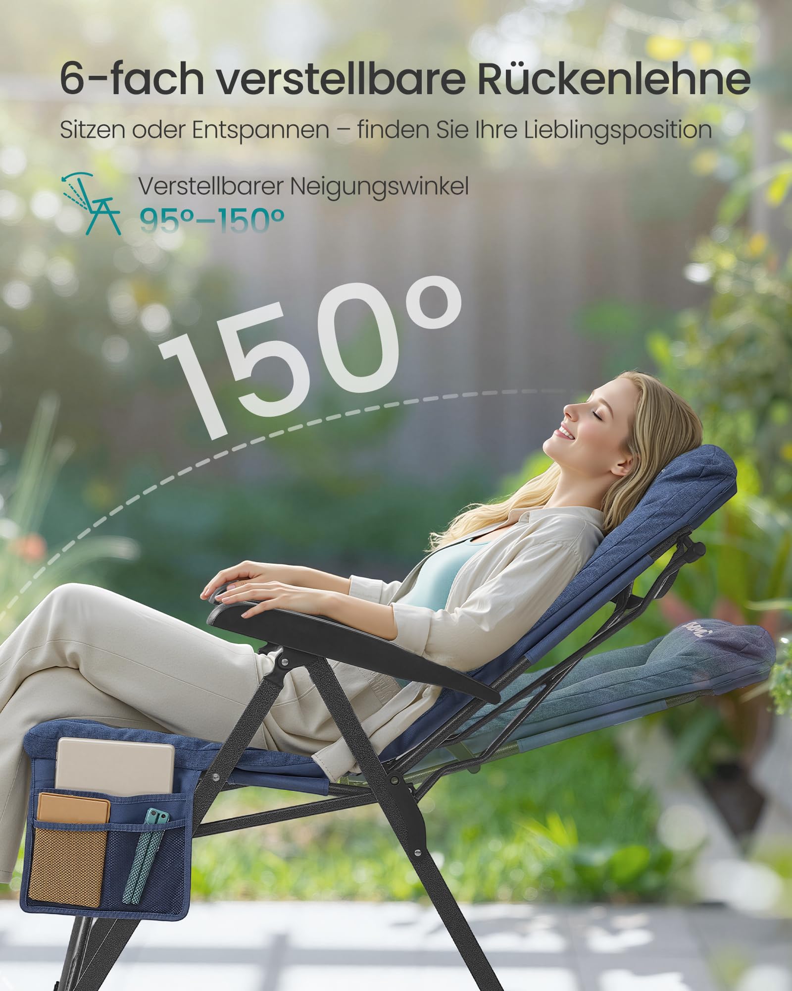 SONGMICS Campingstuhl faltbar, für Erwachsene, 95°-150° verstellbare Rückenlehne, Klappstuhl 6 cm Polsterung, Getränkehalter, Seitentasche, Tragetasche, Garten Camping Angeln, blau GCB016QZ01