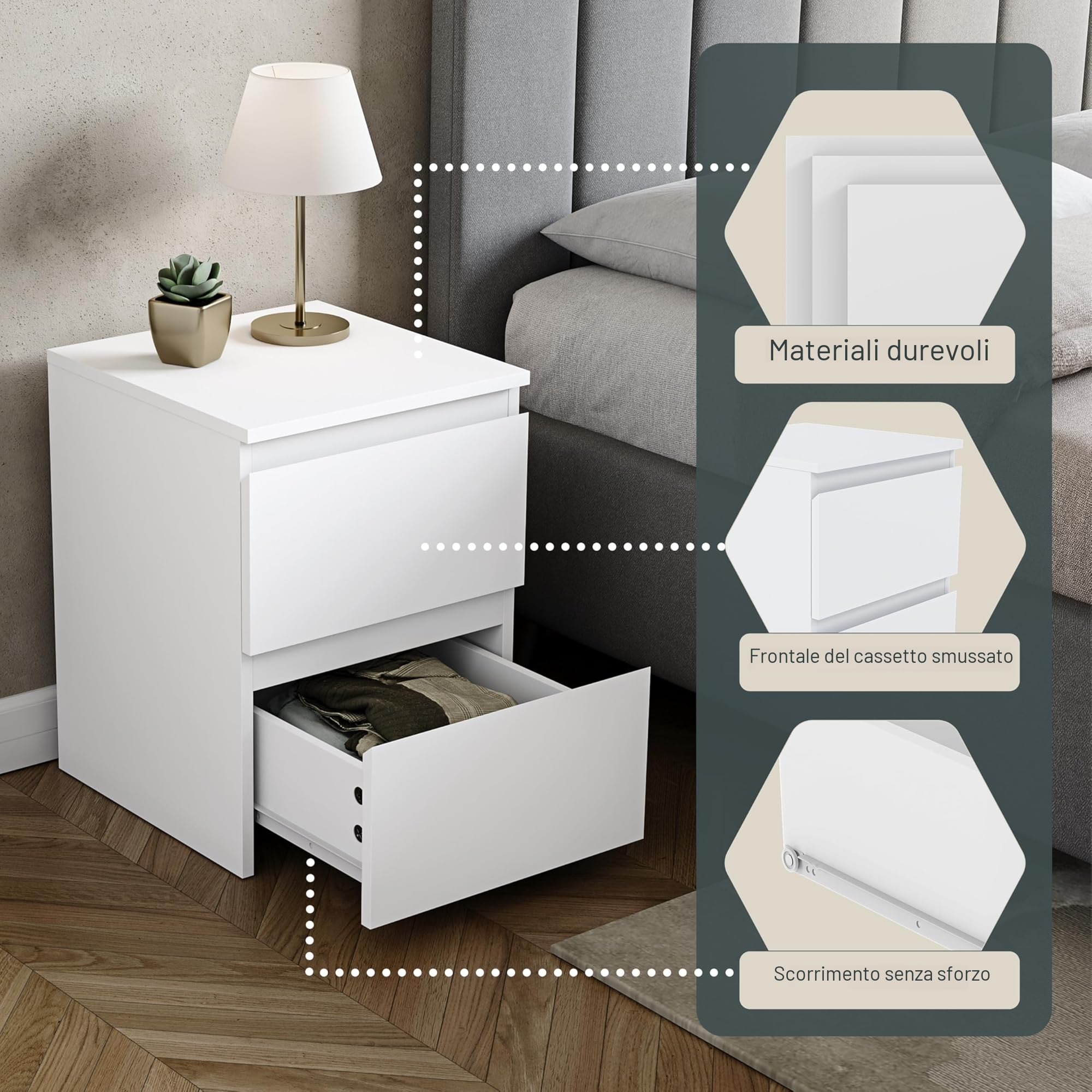 Vida Designs Denver - Comodino grande con 2 cassetti, per camera da letto, moderno, 48 x 39,5 x 39,5 cm (altezza x larghezza x profondità) (bianco)