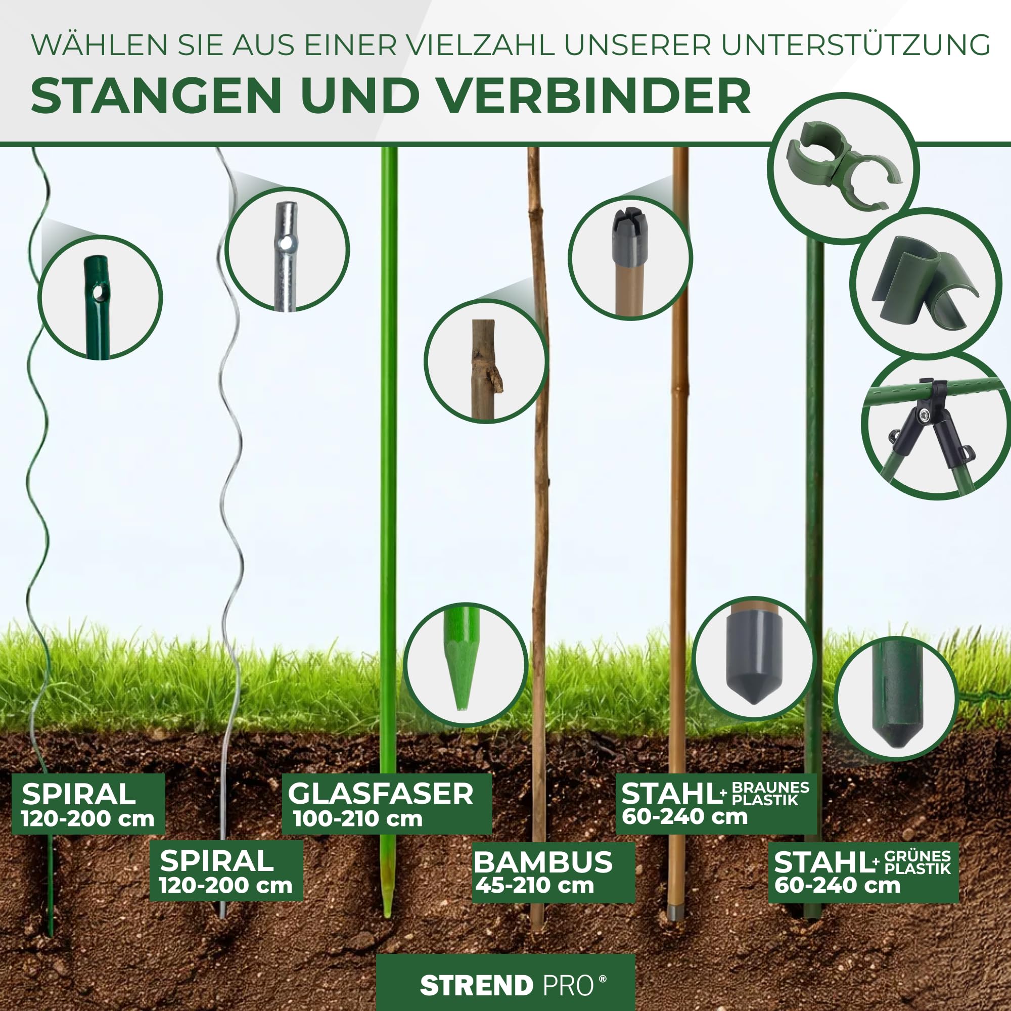STREND PRO Tomatenstäbe 150 cm - 25 STK. | Spiralstab Ø 6 mm Verzinkter Stahl | Pflanzstab, Tomatenstütze, Rankhilfe, Stangen für Tomaten | Rankstab Metall | Spiral Bohnenstange Pflanzenstütze groß