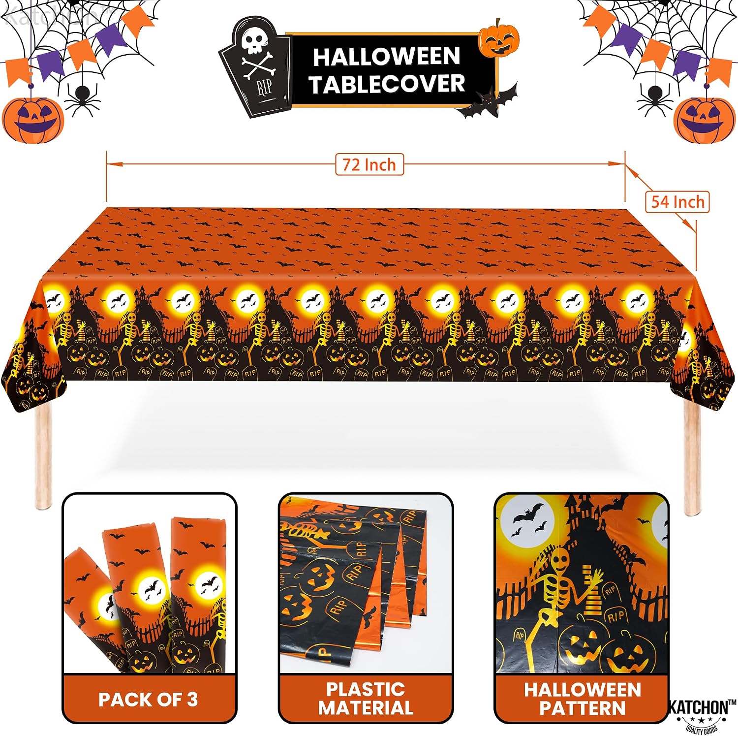 KatchOn, Orange Tablecloth Plastic - Large 54x72 Inch, Pack of 3 | Halloween Tablecloth for Halloween Decorations Indoor, Birthday Party Decorations | Scary Table Cover for Spooky Decor