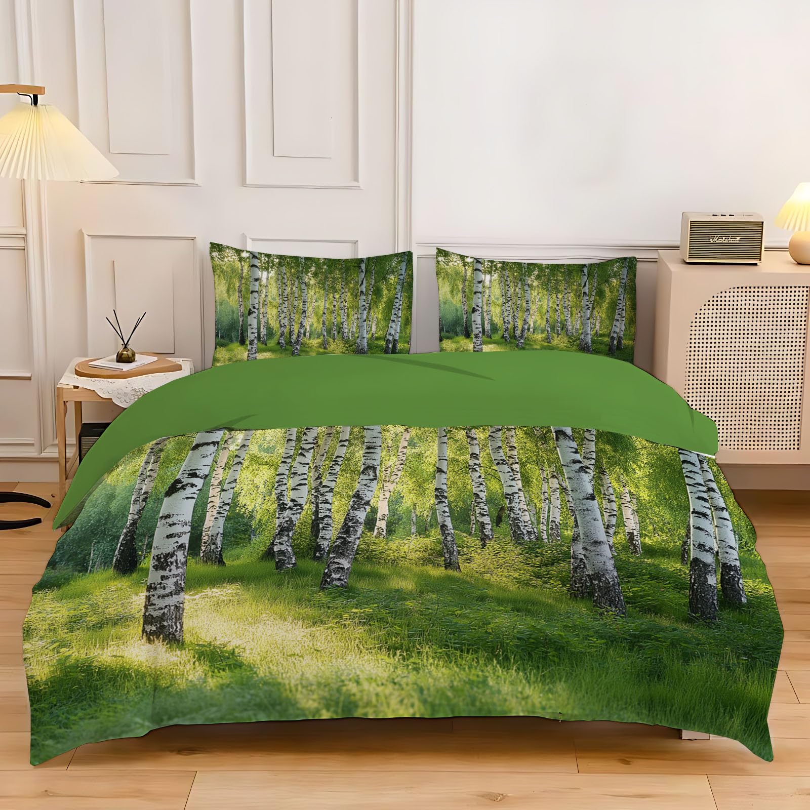 Parure couette avec fermetures éclair et motif forêt de bouleaux, lit adulte grand confort