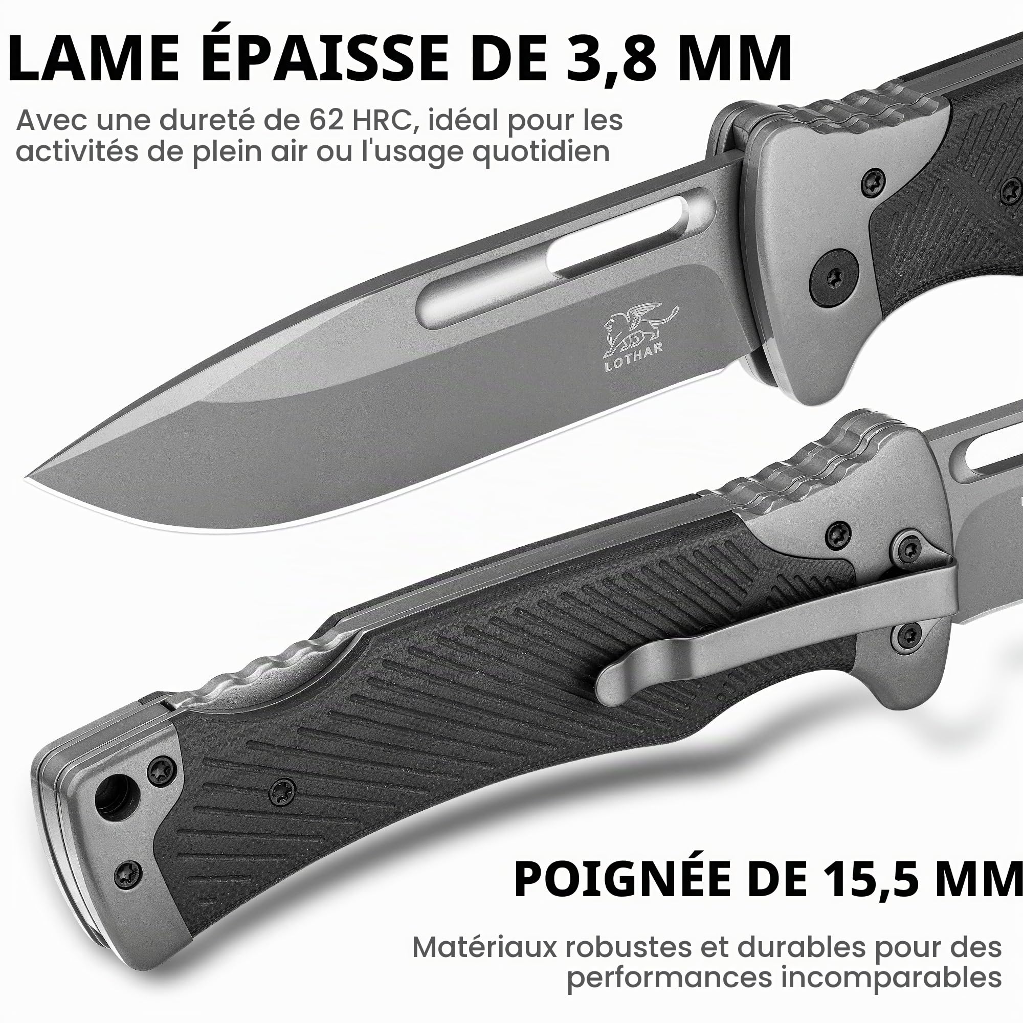 LOTHAR RHINO Couteau à Deux Mains, 10.5cm Grand Couteau Pliant Avec Acier D2, Manche G10 Couteau Outdoor Survival Avec Clip Pour Camping, Back Lock, Bushcraft, Robuste & Durable