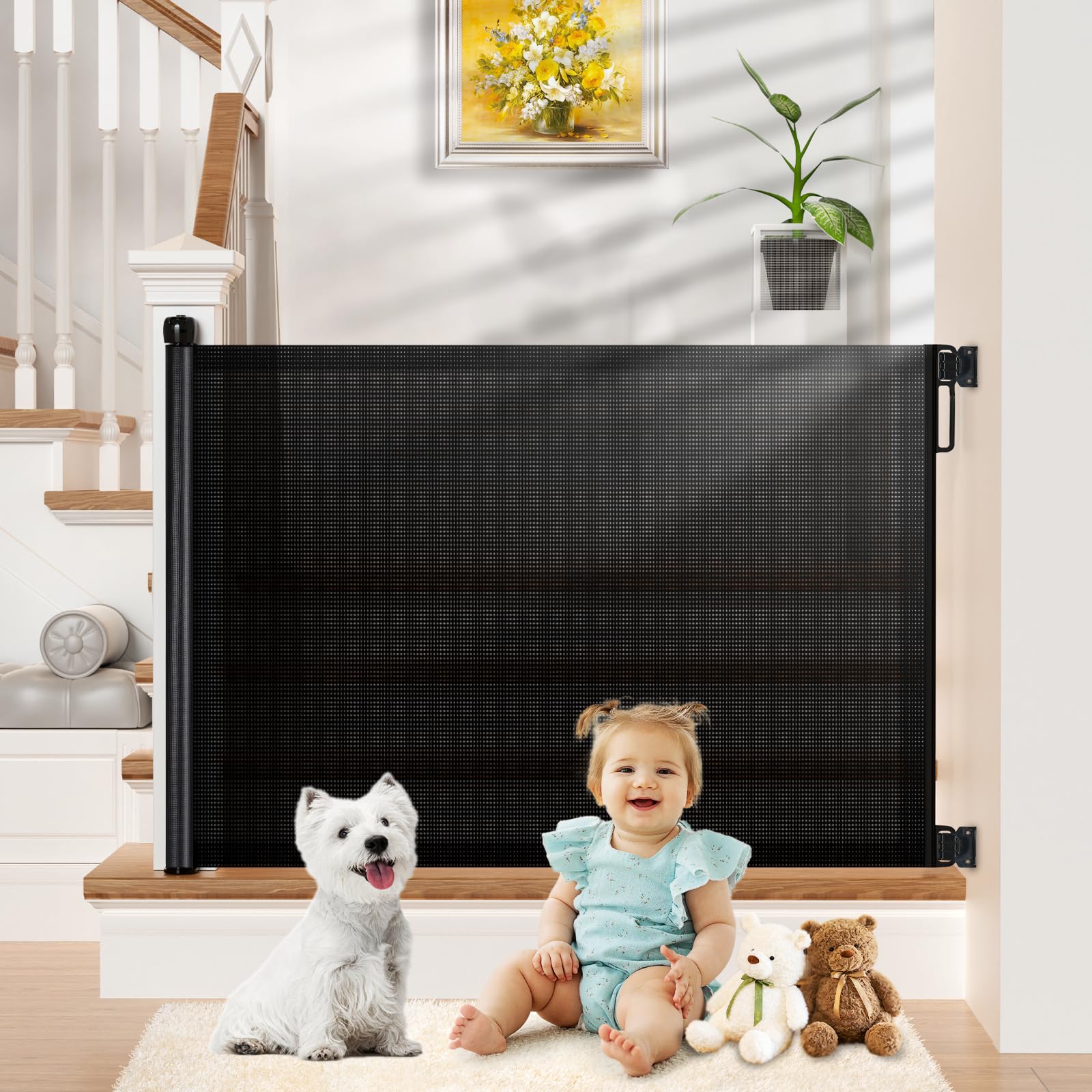 HAMOPY Retractable Baby Gates, 33" Tall, Extends up to 55" Baby Gates Extra Wide, Mesh Gate for Kids or Pets with Alarm, Durable Child Safety Gate for Doorways, Hallways, Stairs, Indoor/Outdoor(Black)