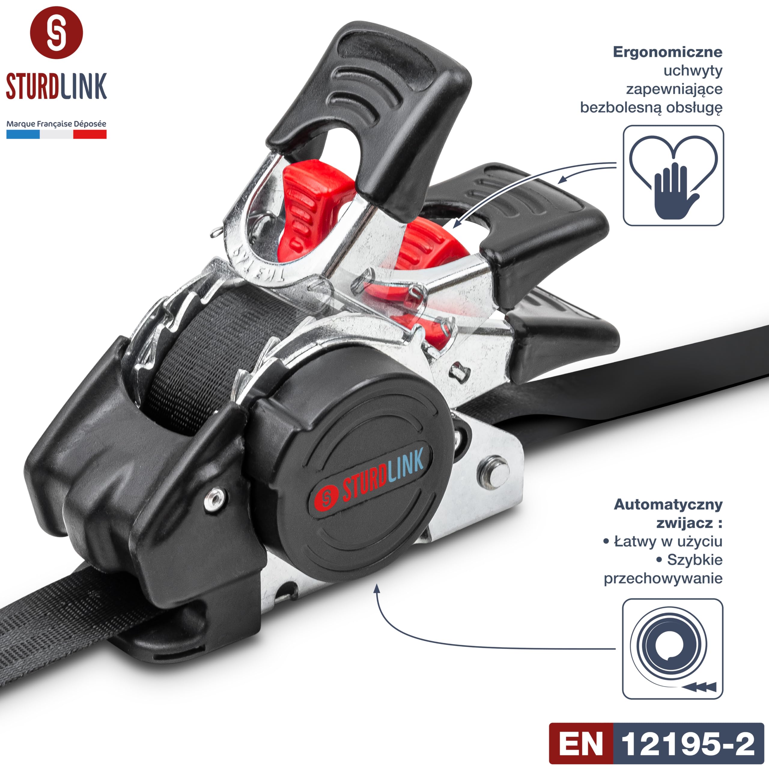Taśmy z grzechotką Sturdlink 25 mm z automatycznym zwijaczem taśmy, długość 3 m LC 300daN / 600 daN, haki stalowe | Idealne do przyczep, pojazdów użytkowych, motocykli, quadów, samochodów.