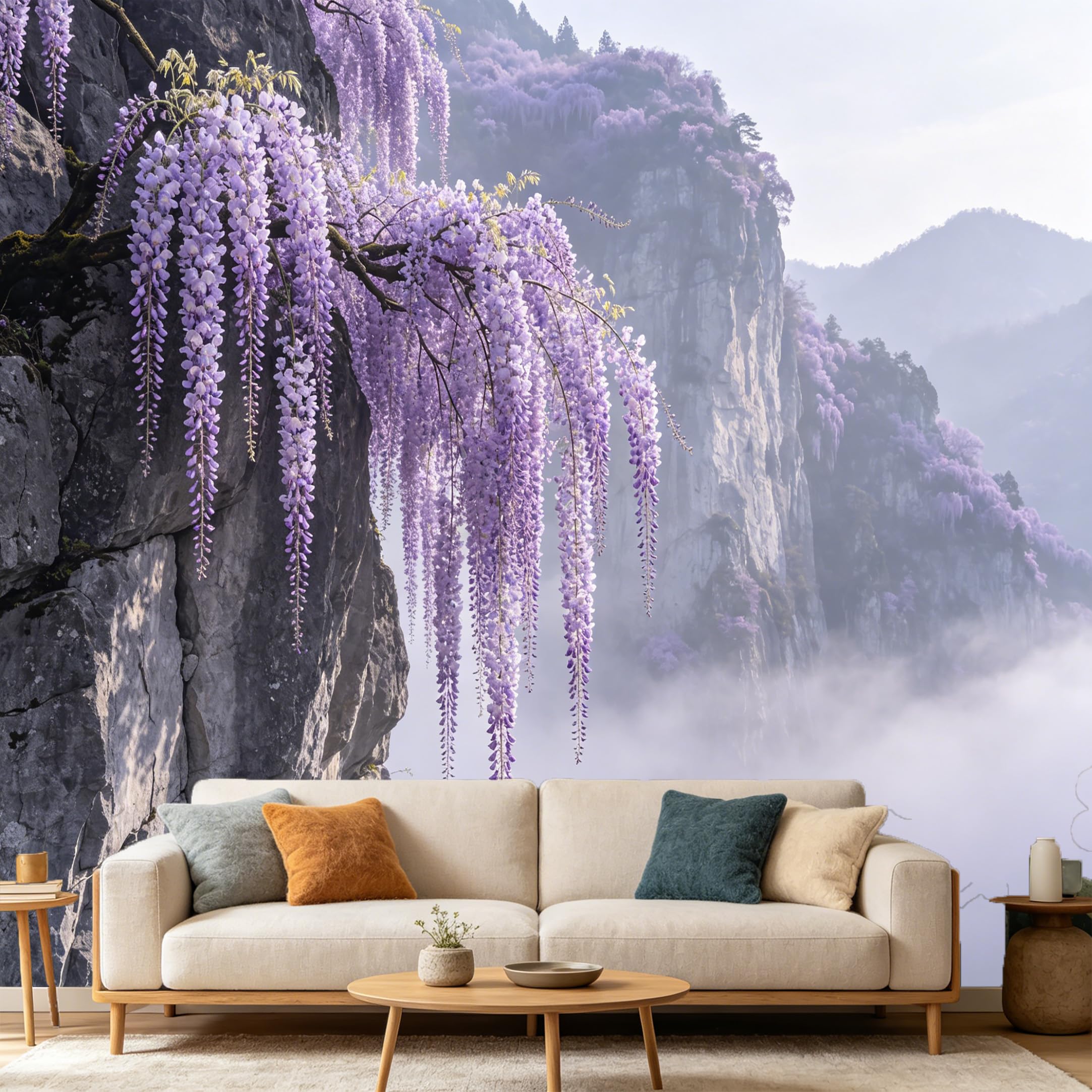 Custom Size Wall Mural Purple Wisteria Flower Cliff Landscape Misty Mountain Peak Scenery Botanical Nature Art SelfAdhesive Art Prints wall Fabric Removable Wallpaper Home Bedroom Decor