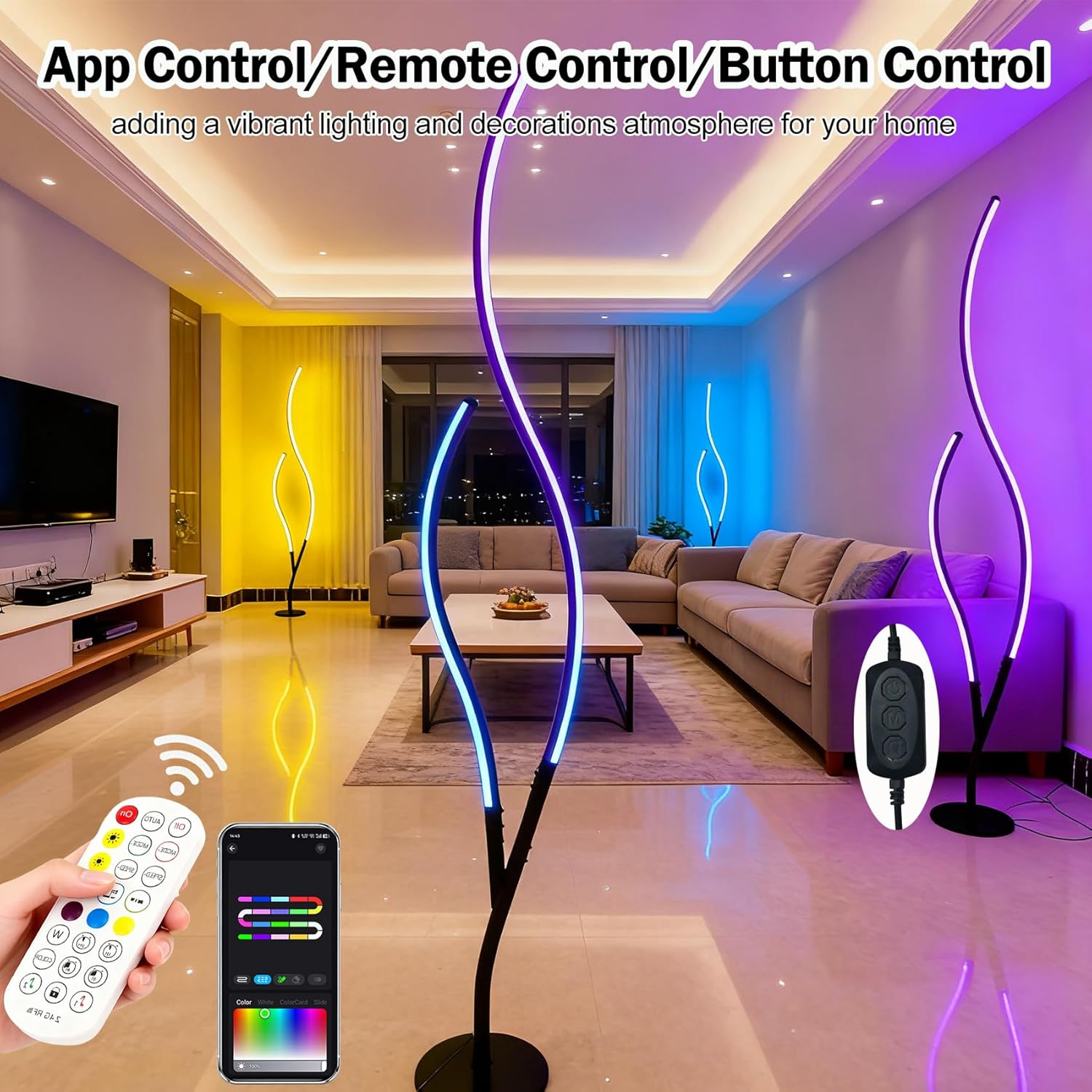 DAYCENT RGBWIC Floor Lamps Modern Smart Corner Lamp with APP and Remote 1500 Lumen LED Lights with Music Sync, 16 Million DIY Colors, Scene Modes Ambience Light for Bedroom Living Room Black