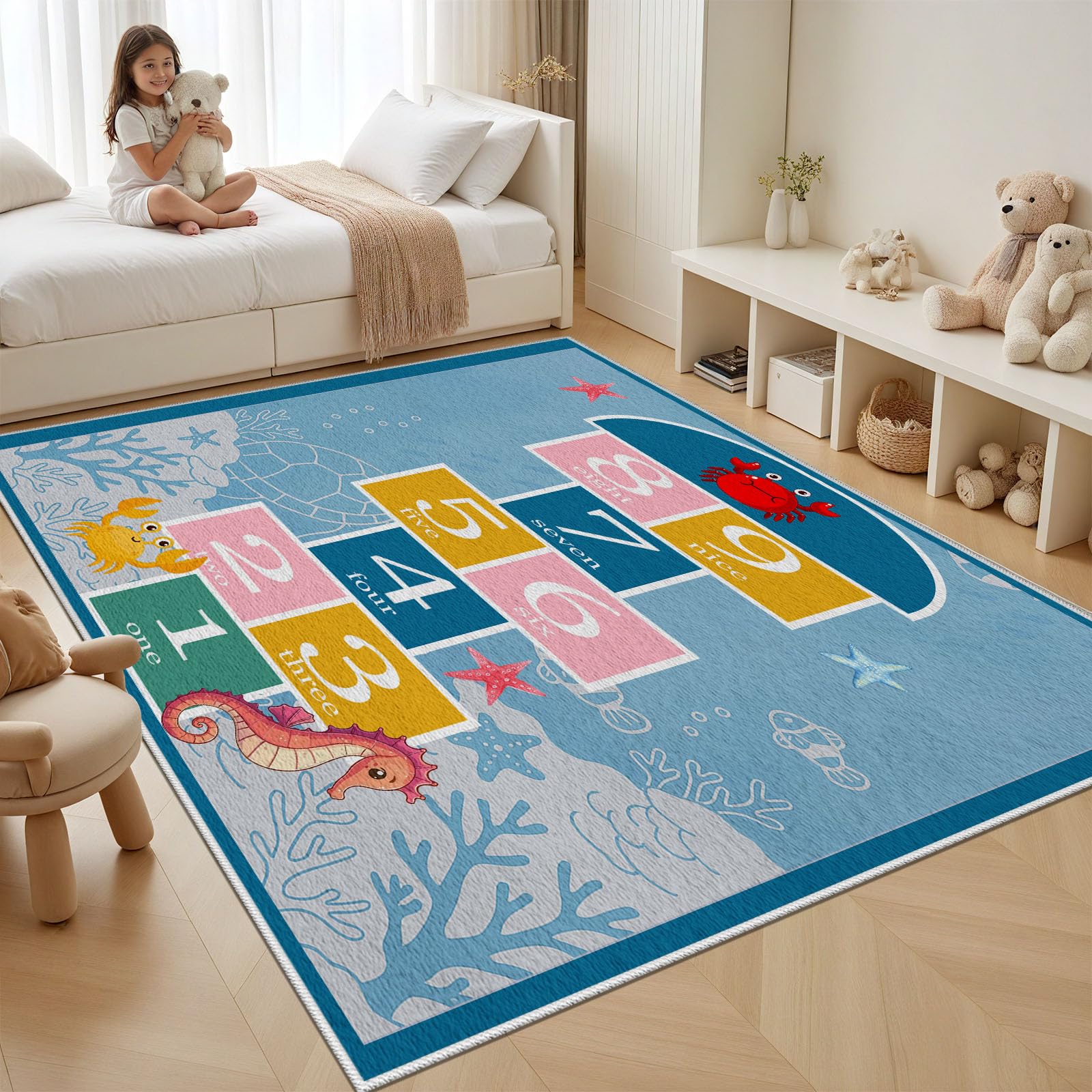 Hüpfspiel Meer Teppich Schlafzimmer 120x180 cm, Zahlen Hopscotch Waschbarer Antirutschmatte Teppiche Kinderzimmer Seepferdchen Carpet Weich für Wohnzimmer Jugendzimmer