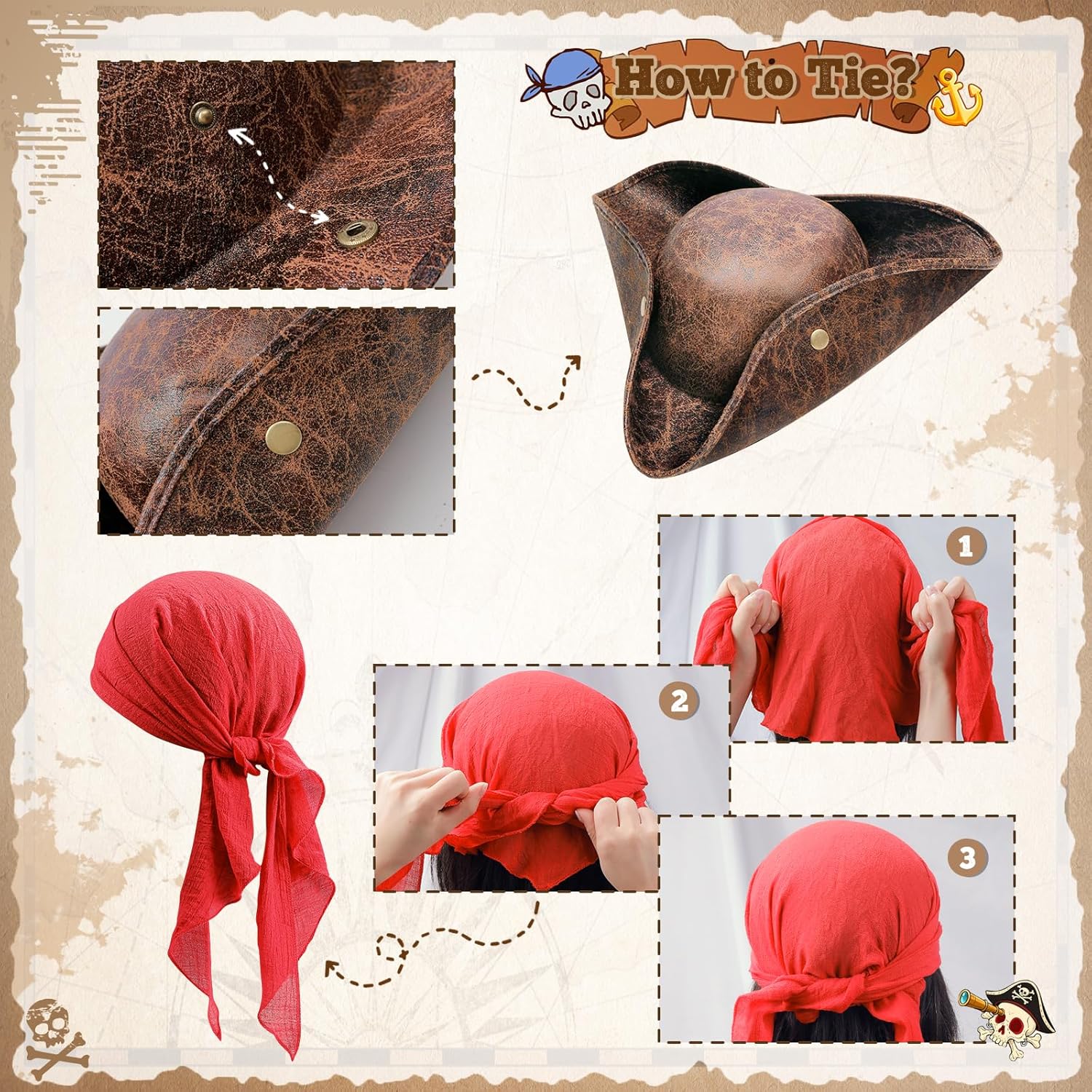 5PCS Pirate Costume Accessories Set for Men Halloween Pirate Hat Faux Leather Tricorn Hat, Bandana, Sash, Eye Patch, Necklace Medieval Renaissance Accessories for Pirate Cosplay Party - Image 7