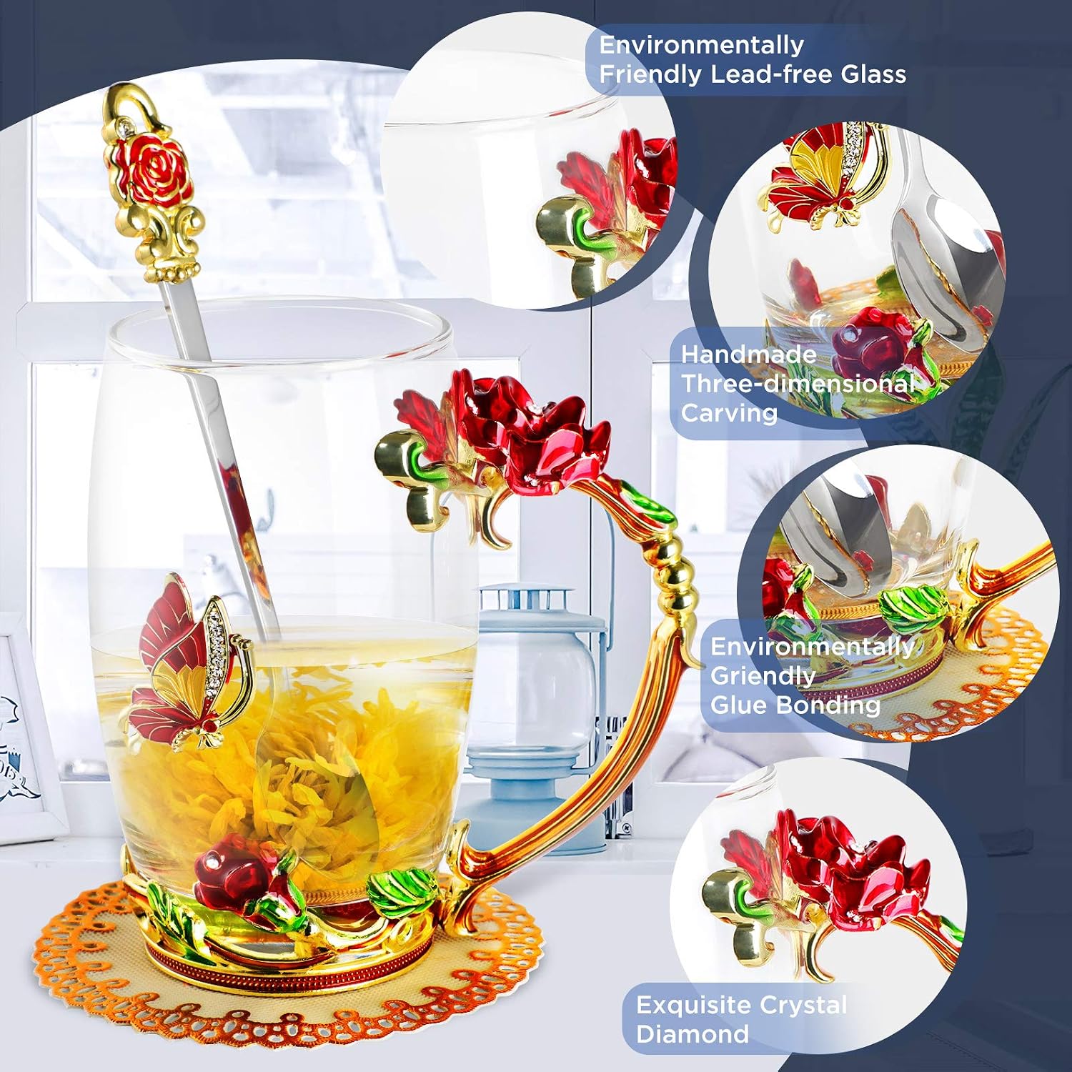 WD&CD Rose Butterfly Glass Tea Coffee Cups Mugs with Spoon and Coaster - Image 3