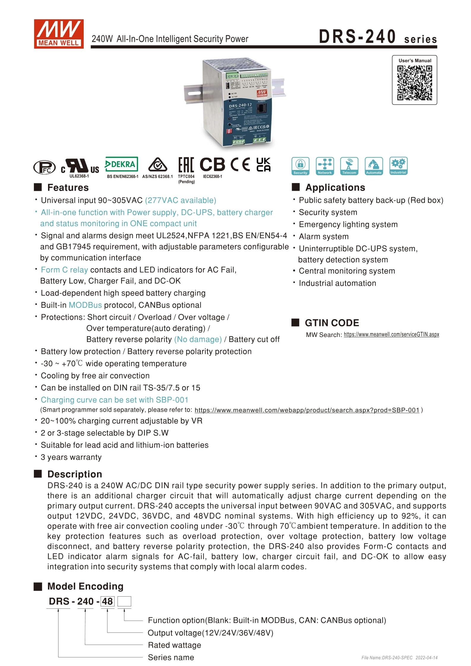 MEAN MELL Mean Well DRS-240-48 240W All-in-One Intelligent Security Power DRS-240 48V 3.85A