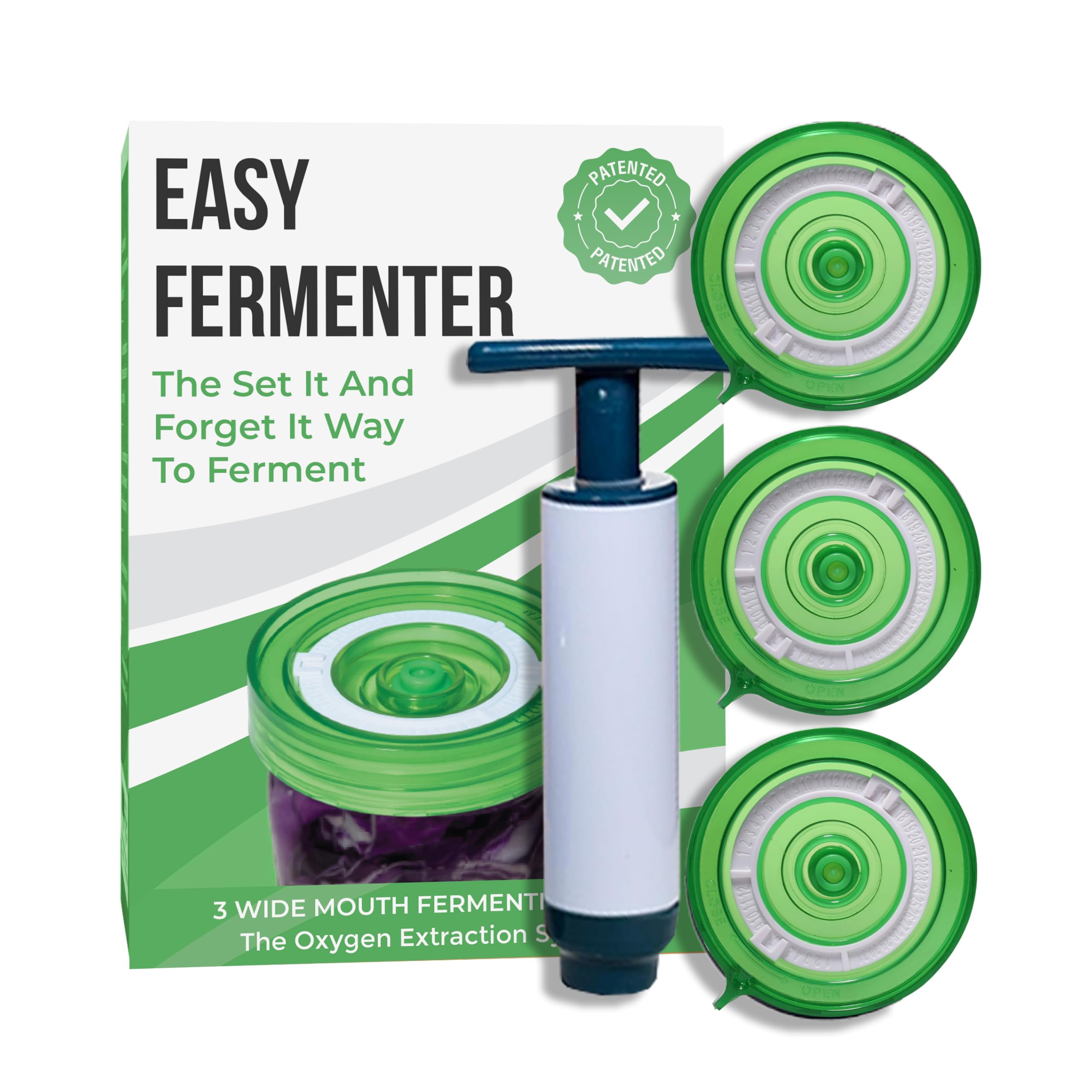 Easy Fermenter Fermentation Kit, Includes 3 Fermenting Lids for Wide Mouth Mason Jars & Oxygen Extractor Pump, Mason Jar Airlock Lid For Fermenting Kimchi, Pickle, & Sauerkraut (Green)